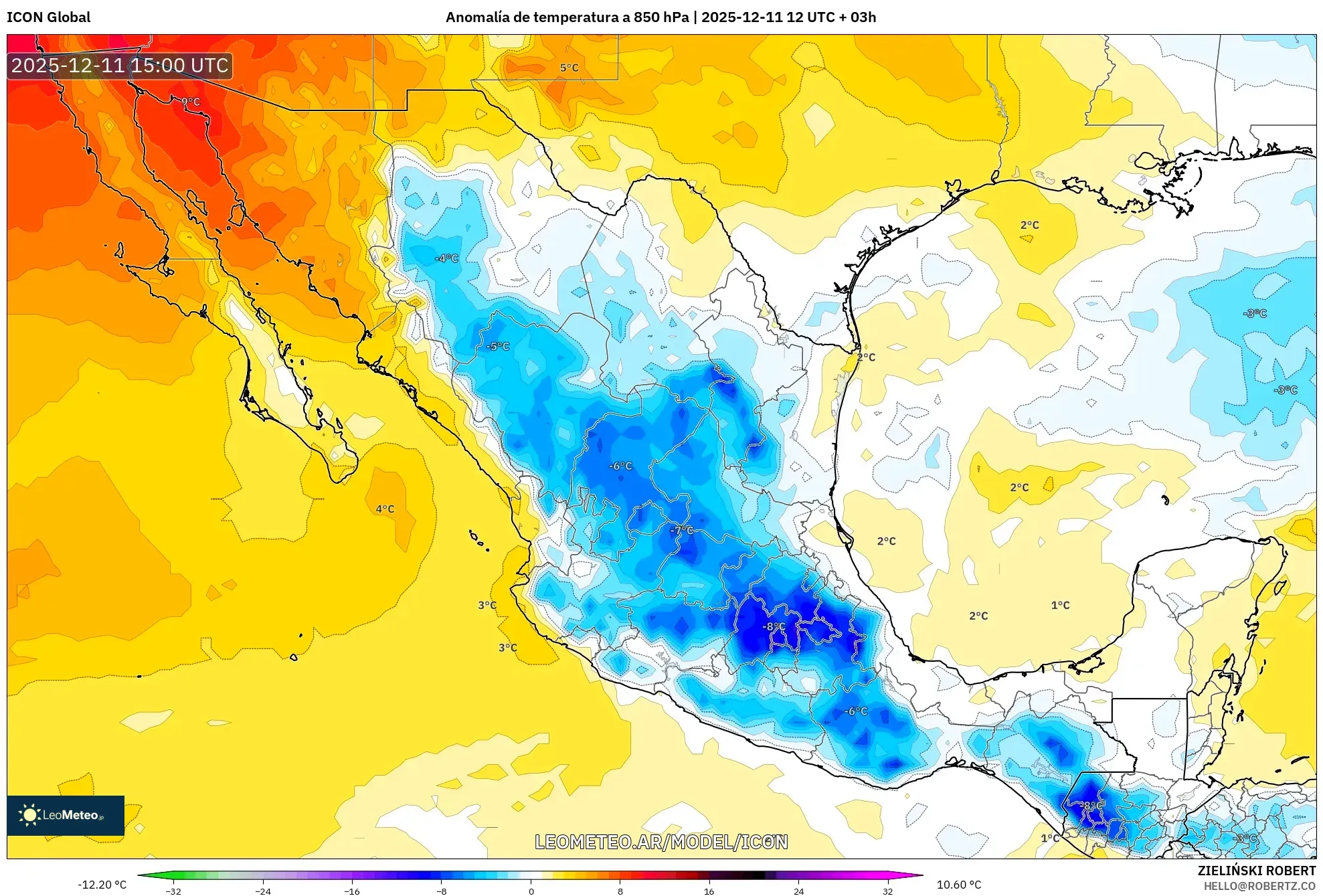 ICON model - México, Anomalía de temperatura a 850 hPa