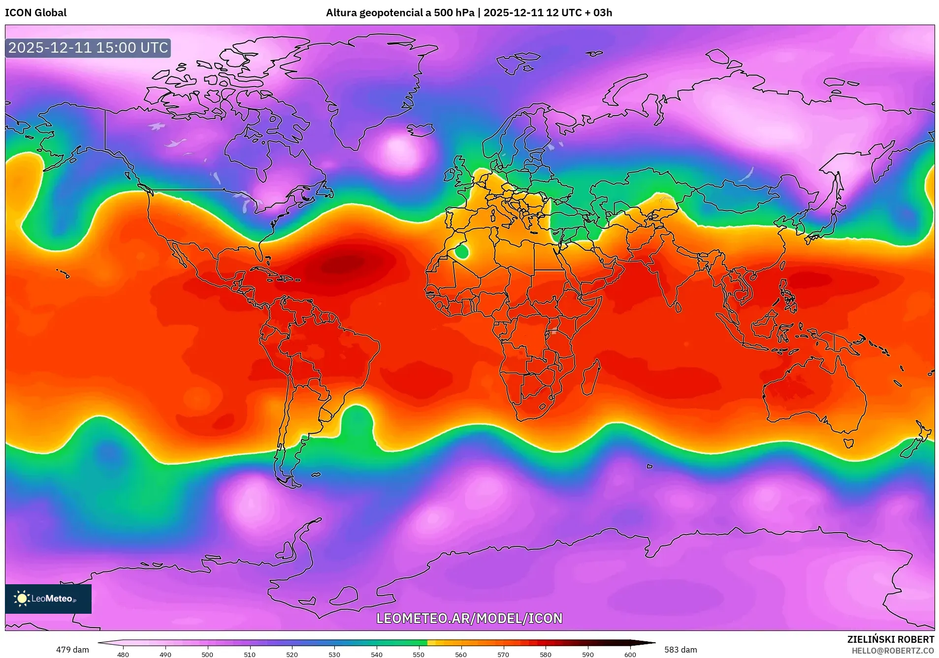 ICON model - Mundo, Altura geopotencial a 500 hPa