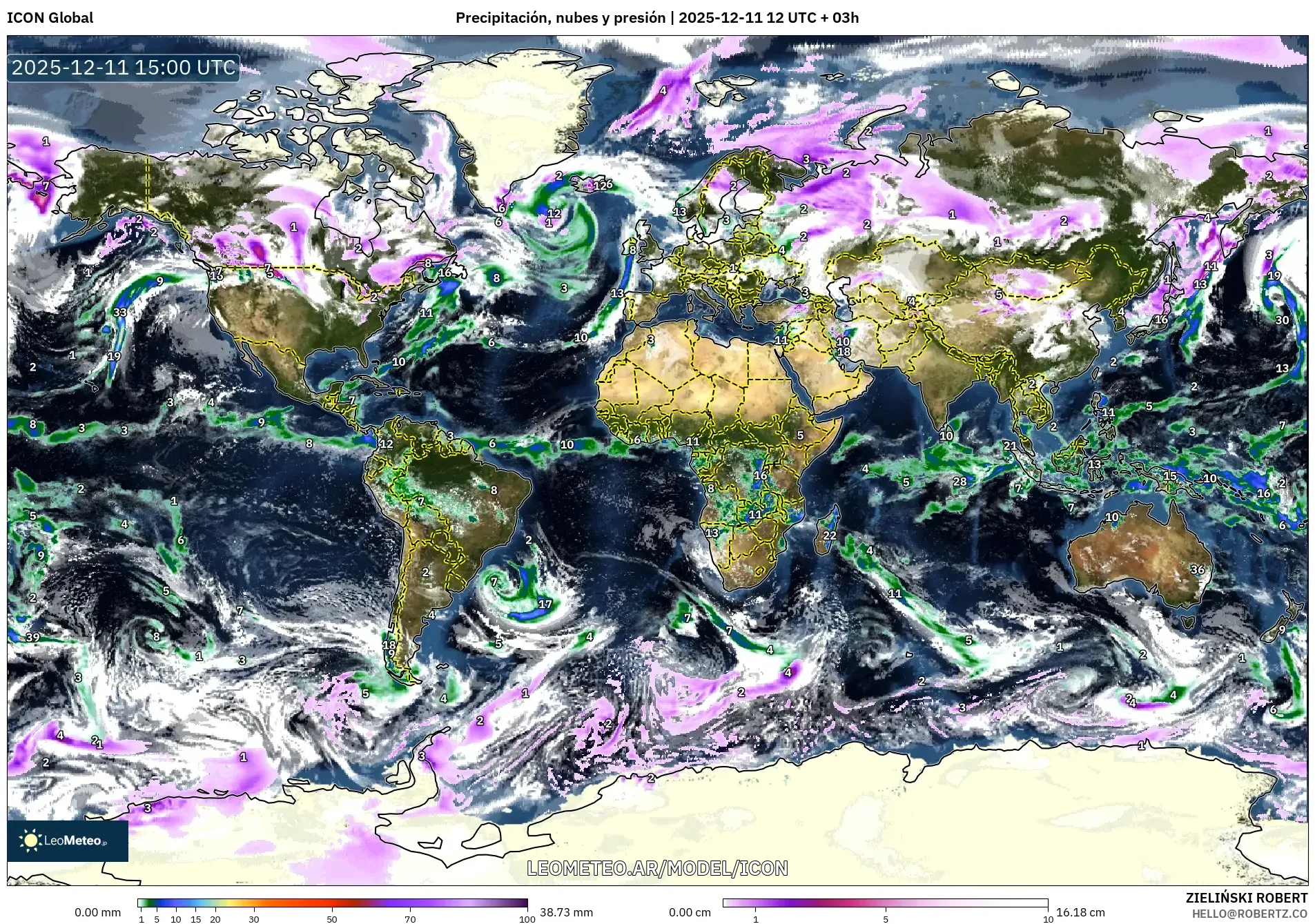 ICON model - Mundo, Precipitación, nubes y presión