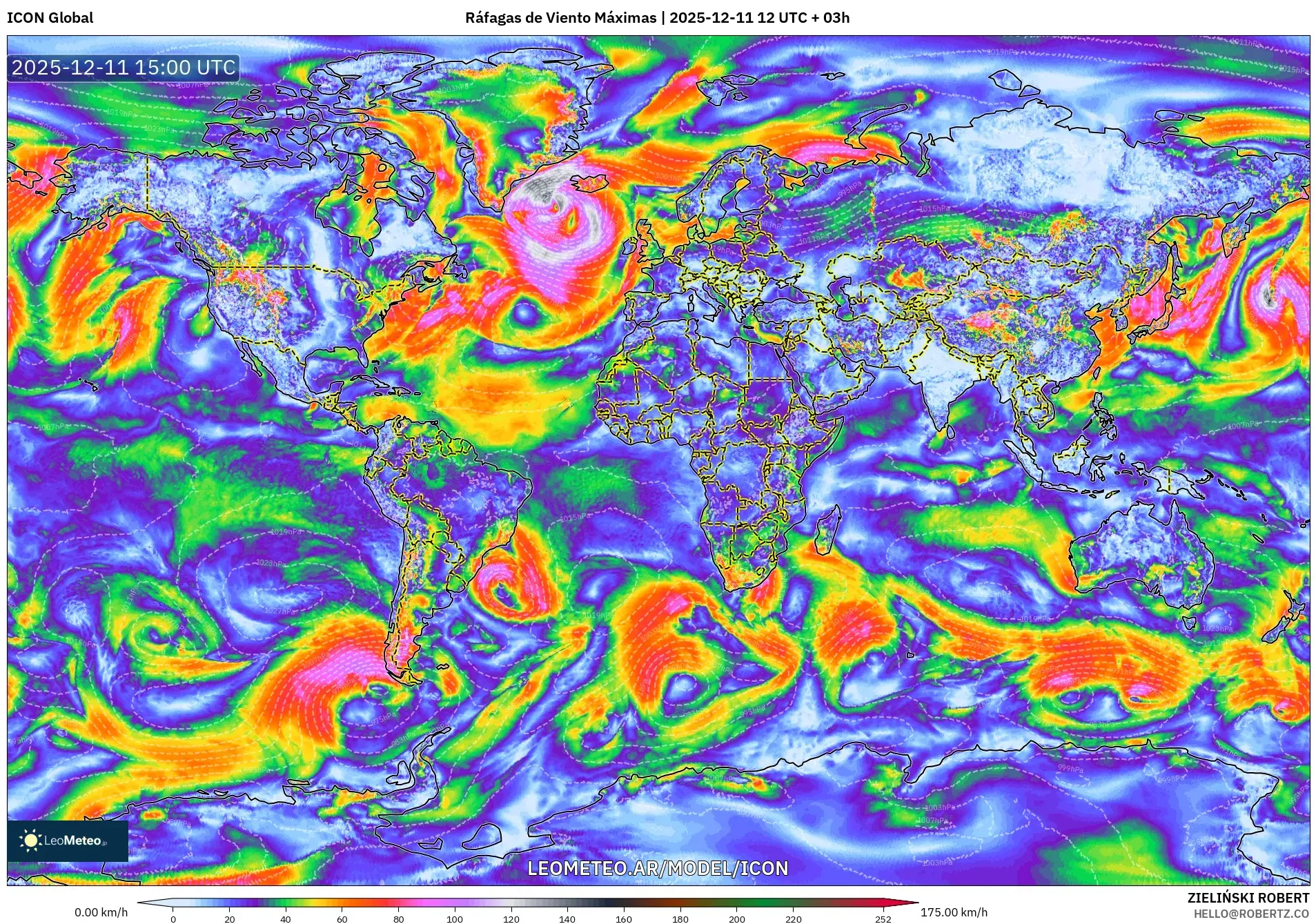 ICON model - Mundo, Ráfagas de Viento Máximas