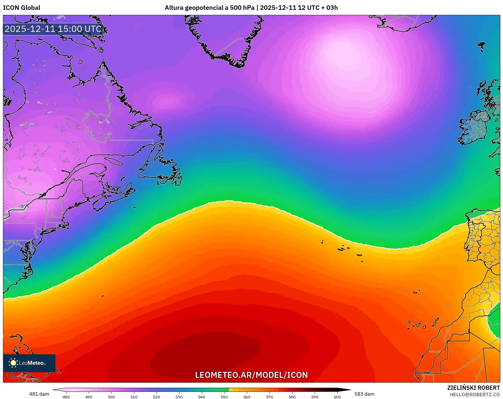ICON model - Norte Atlántico, Altura geopotencial a 500 hPa