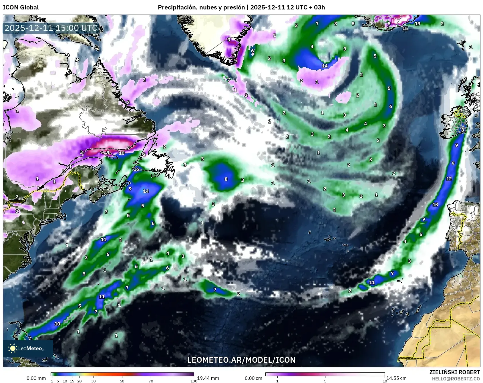 ICON model - Norte Atlántico, Precipitación, nubes y presión
