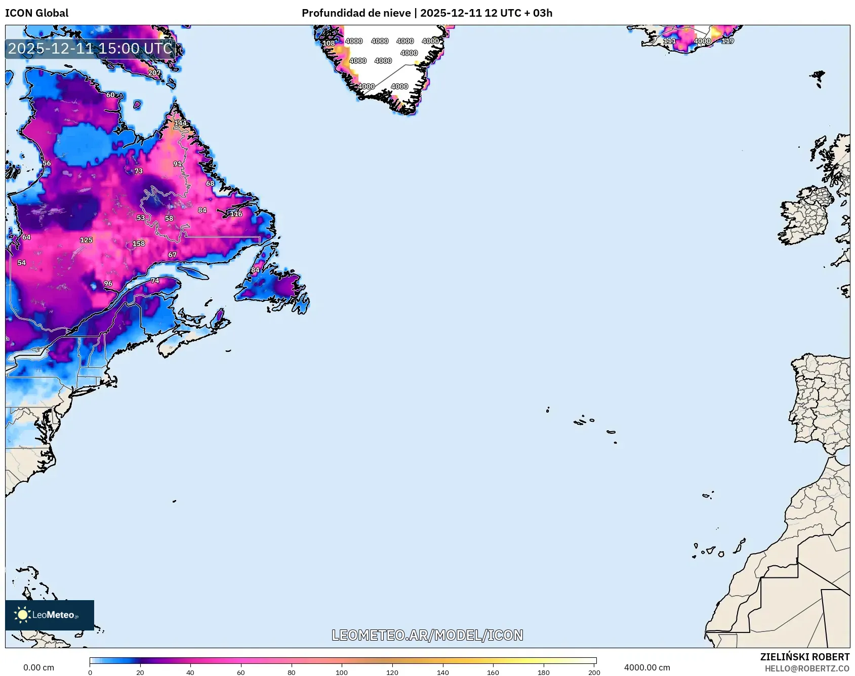 ICON model - Norte Atlántico, Profundidad de nieve