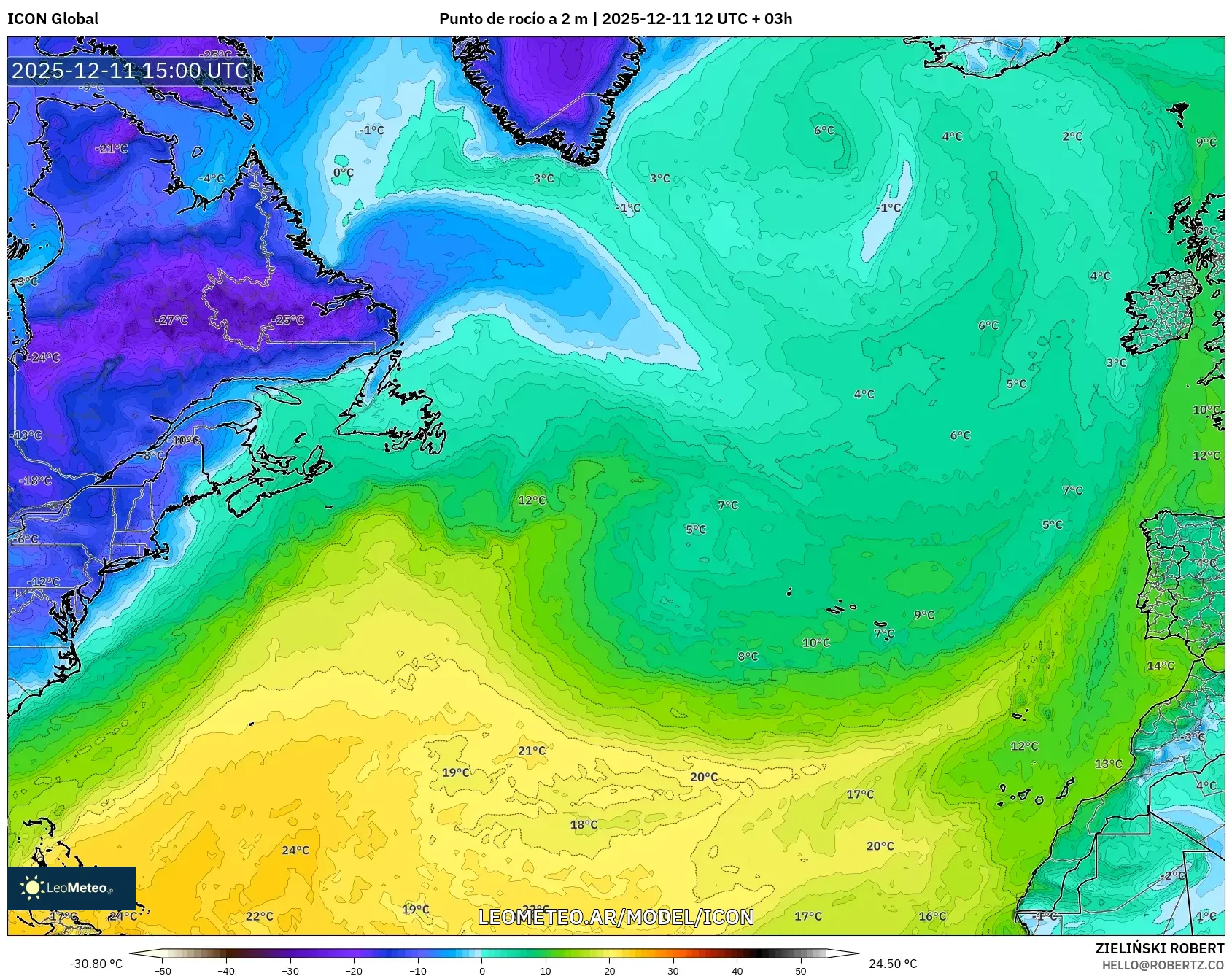ICON model - Norte Atlántico, Punto de rocío a 2 m