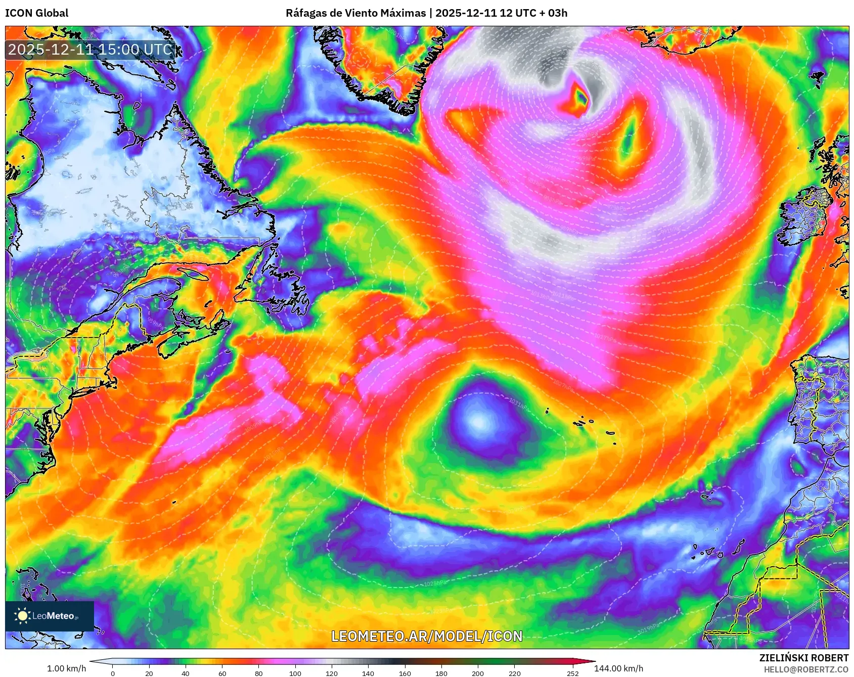 ICON model - Norte Atlántico, Ráfagas de Viento Máximas