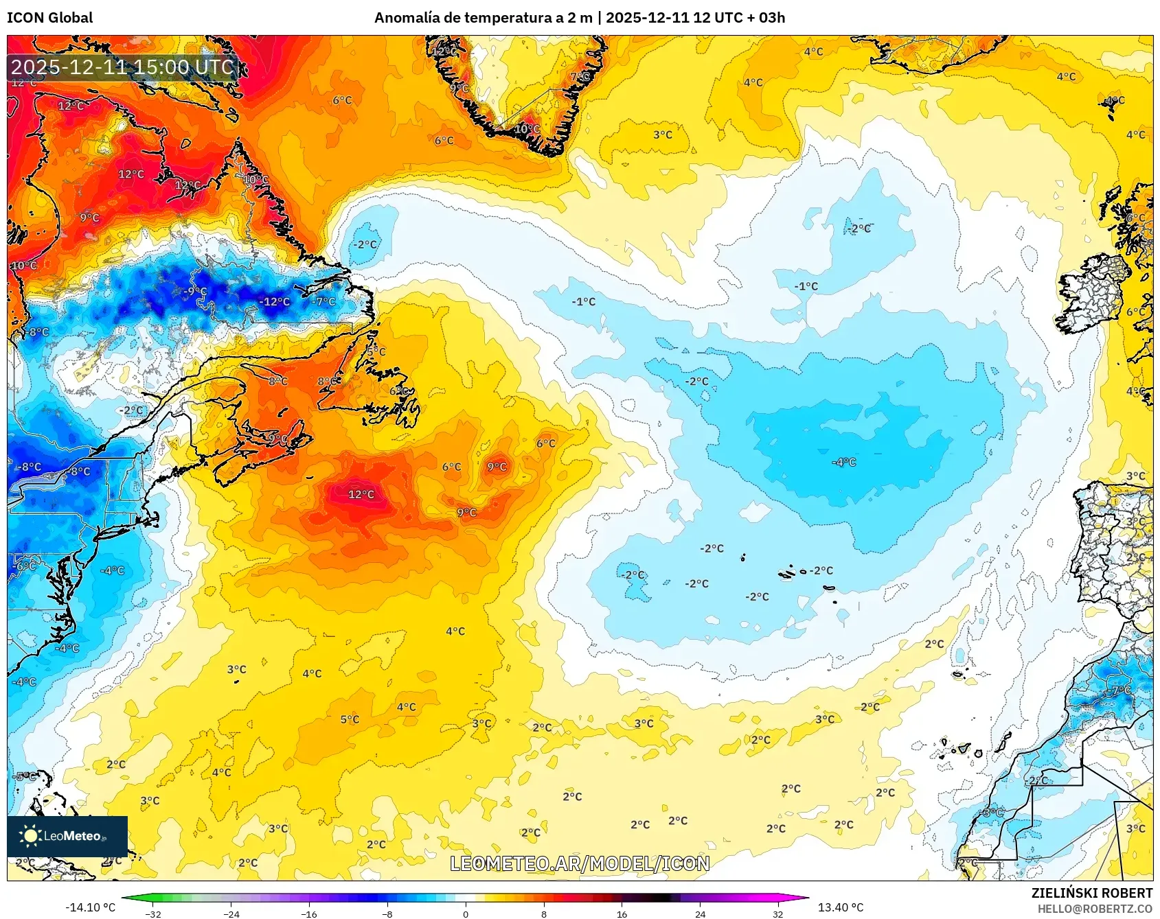 ICON model - Norte Atlántico, Anomalía de temperatura a 2 m