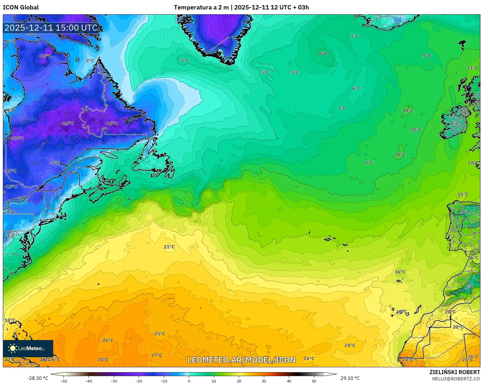 ICON model - Norte Atlántico, Temperatura a 2 m