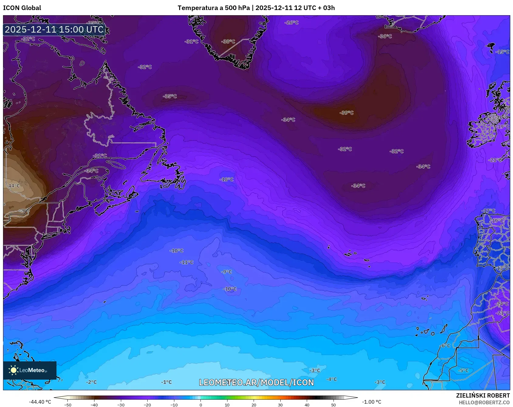 ICON model - Norte Atlántico, Temperatura a 500 hPa