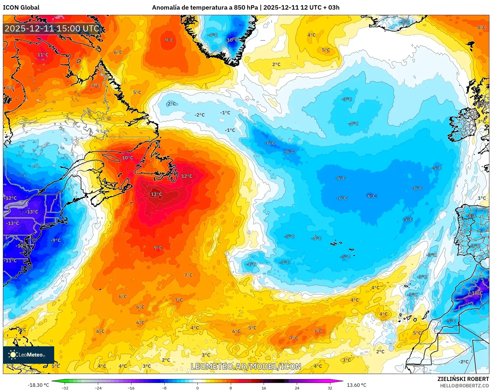 ICON model - Norte Atlántico, Anomalía de temperatura a 850 hPa