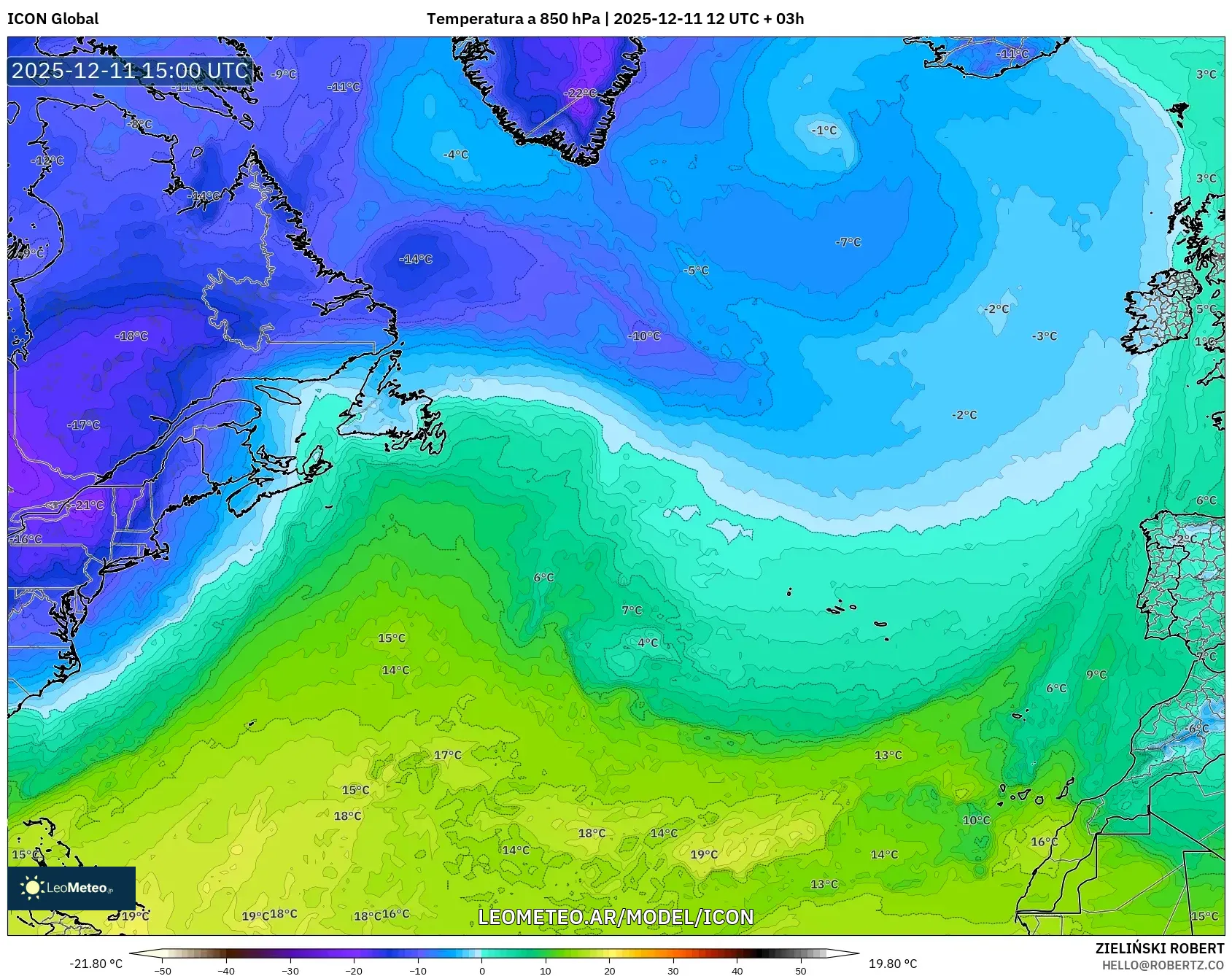 ICON model - Norte Atlántico, Temperatura a 850 hPa