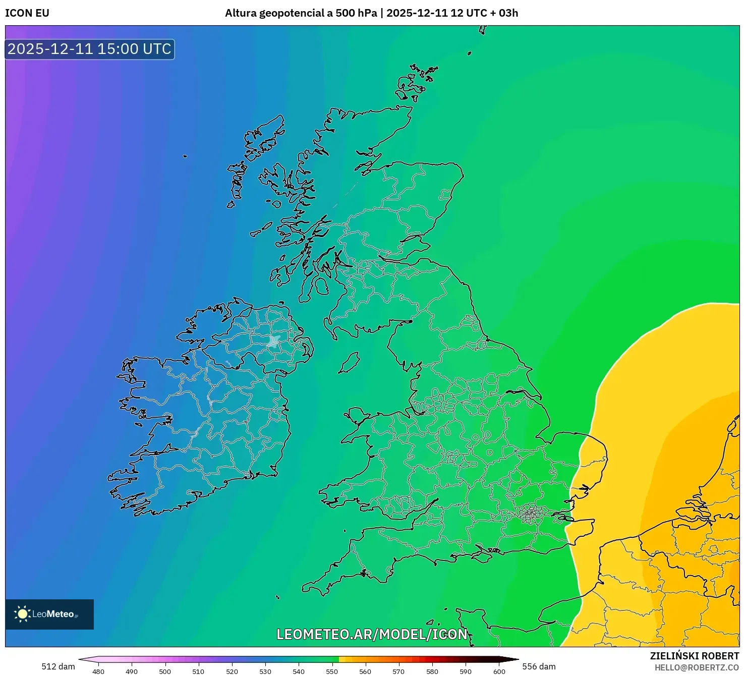 ICON model - Reino Unido, Altura geopotencial a 500 hPa