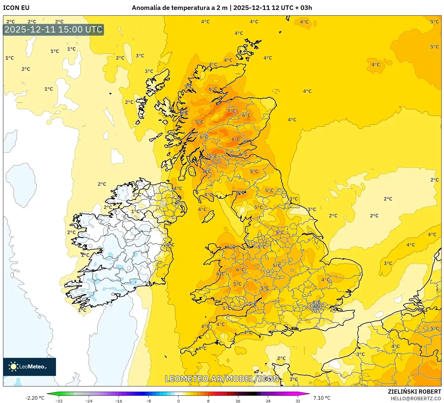 ICON model - Reino Unido, Anomalía de temperatura a 2 m