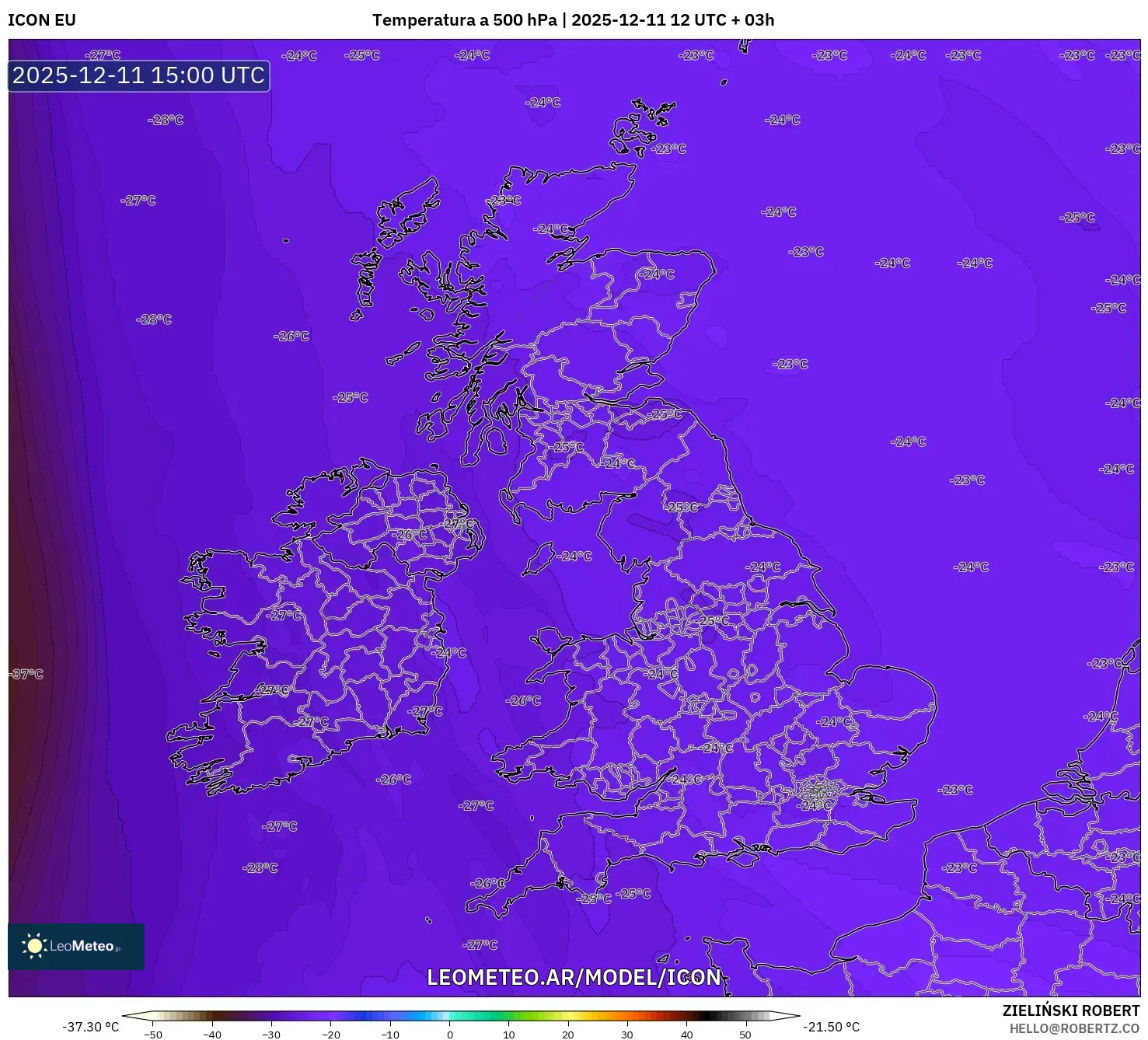 ICON model - Reino Unido, Temperatura a 500 hPa