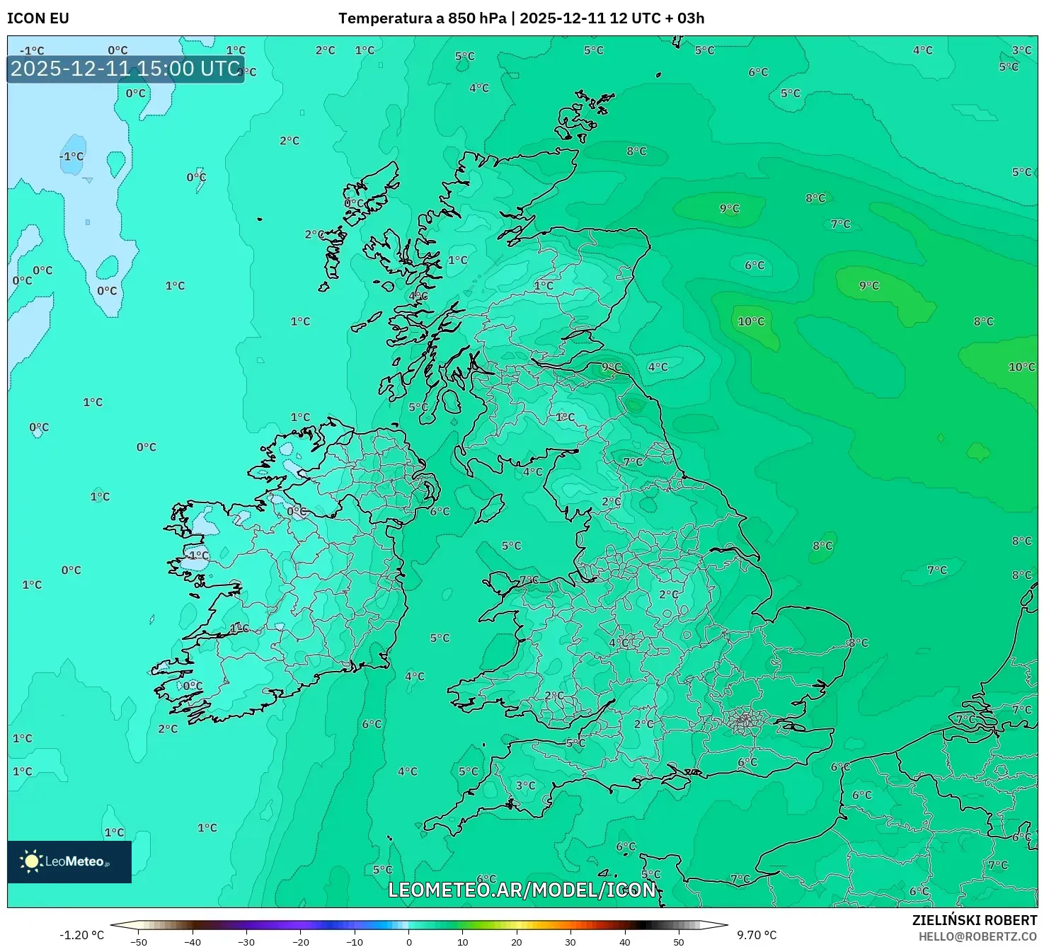 ICON model - Reino Unido, Temperatura a 850 hPa