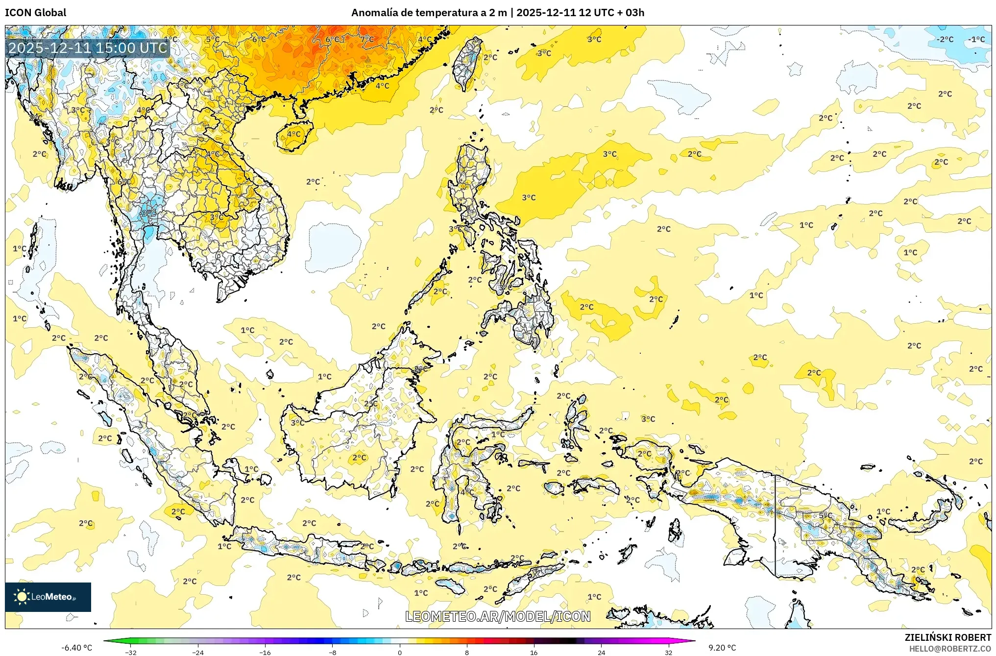 ICON model - Sudeste Asiático, Anomalía de temperatura a 2 m