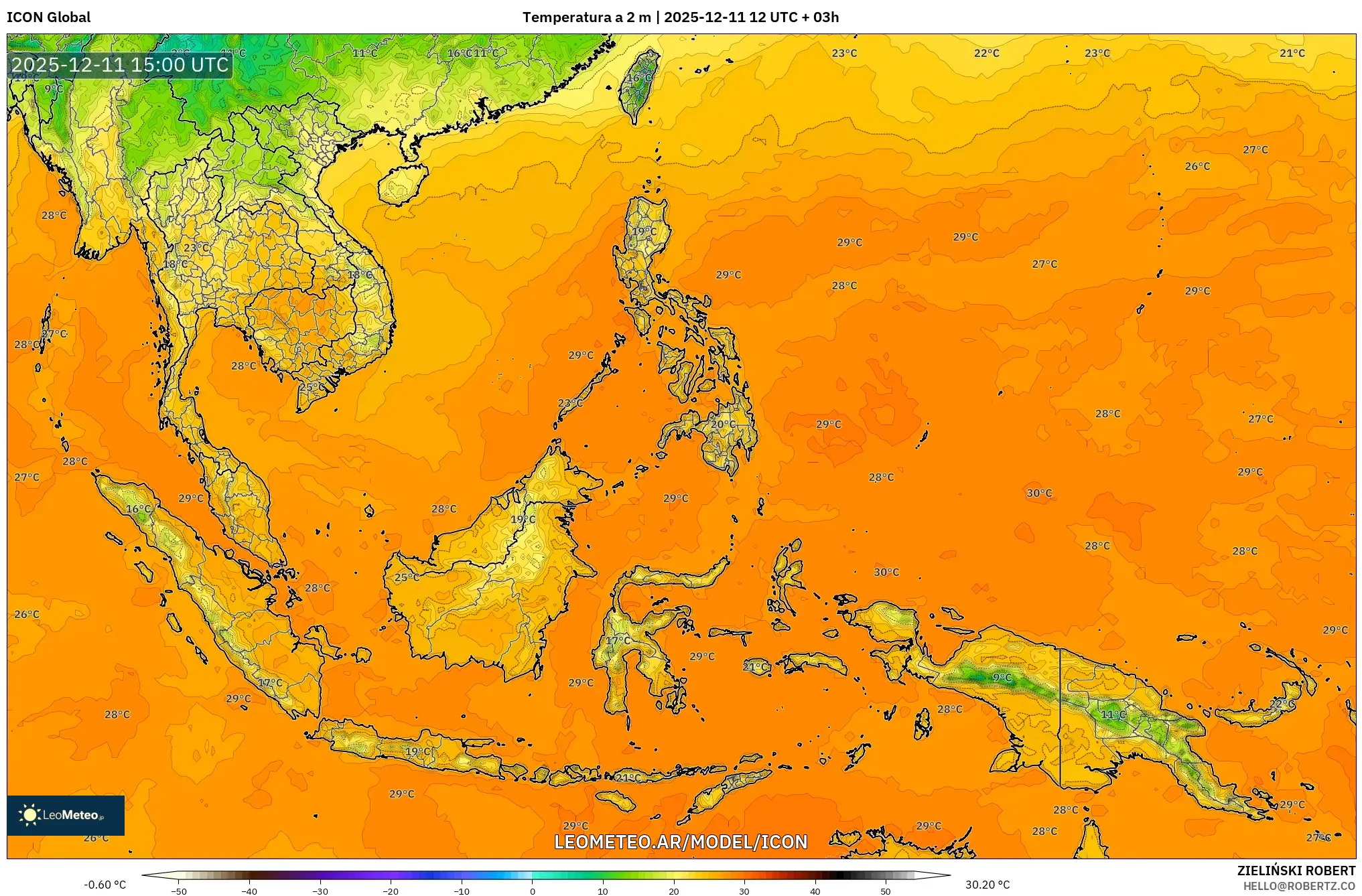ICON model - Sudeste Asiático, Temperatura a 2 m