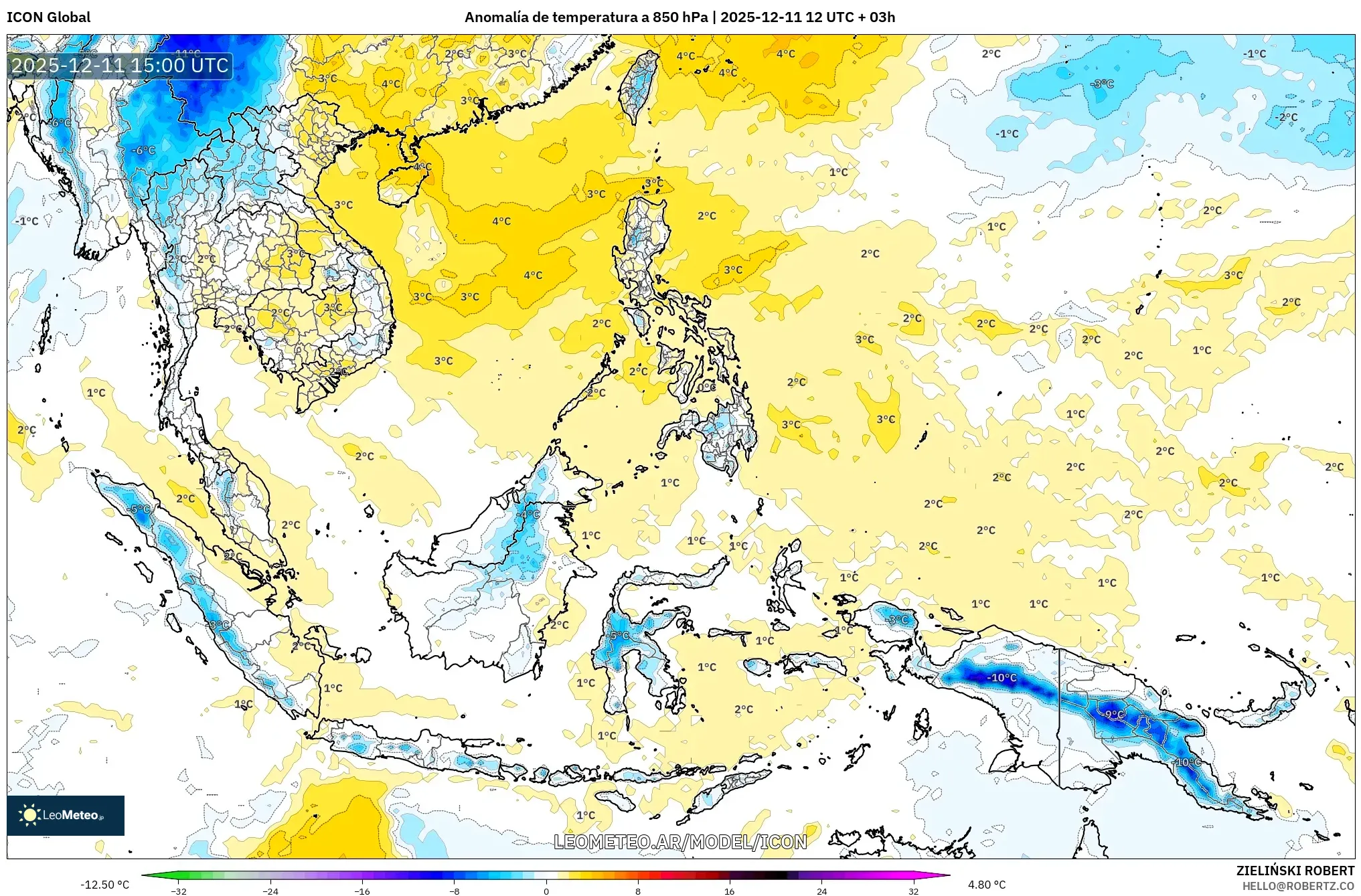 ICON model - Sudeste Asiático, Anomalía de temperatura a 850 hPa