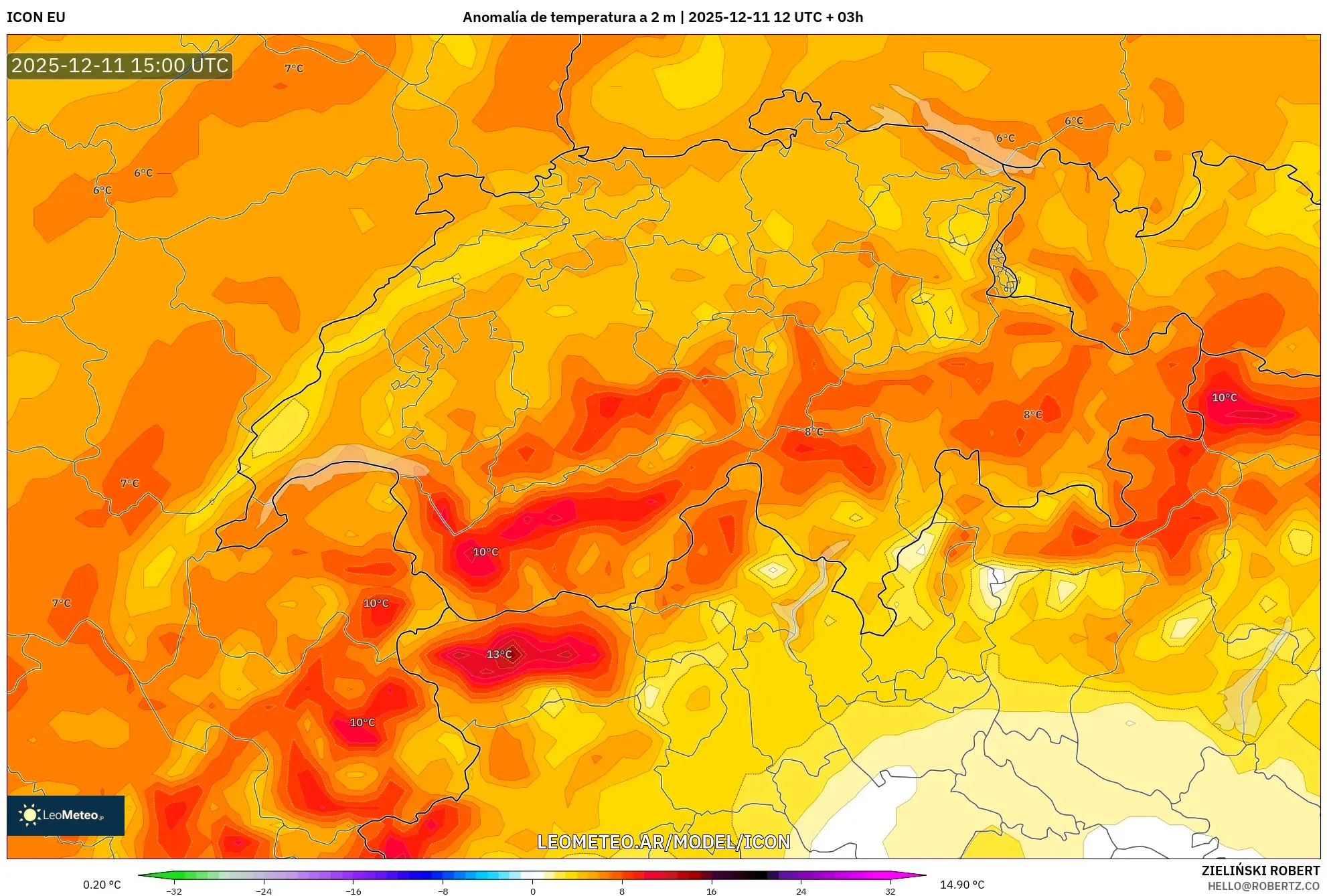 ICON model - Suiza, Anomalía de temperatura a 2 m