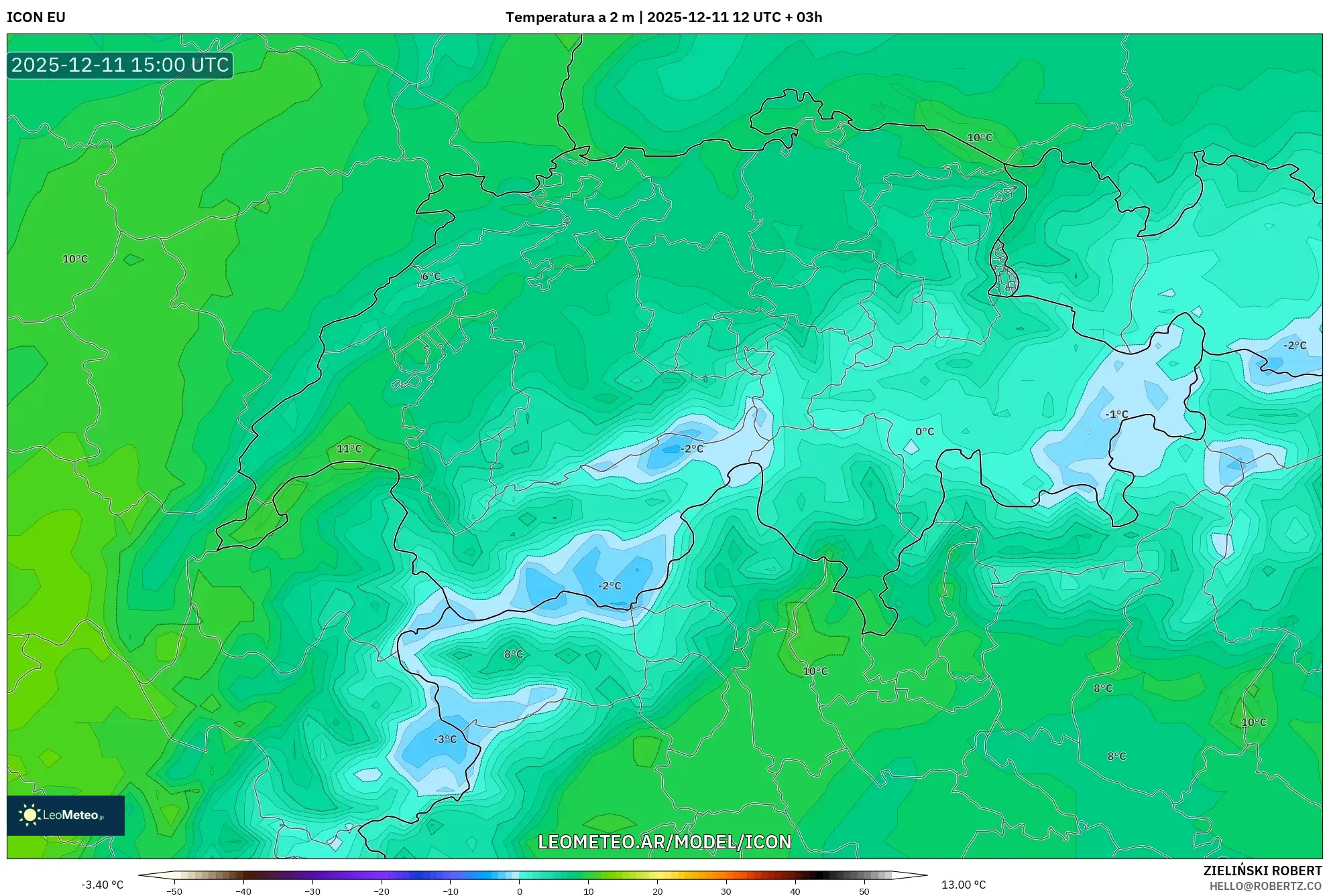 ICON model - Suiza, Temperatura a 2 m