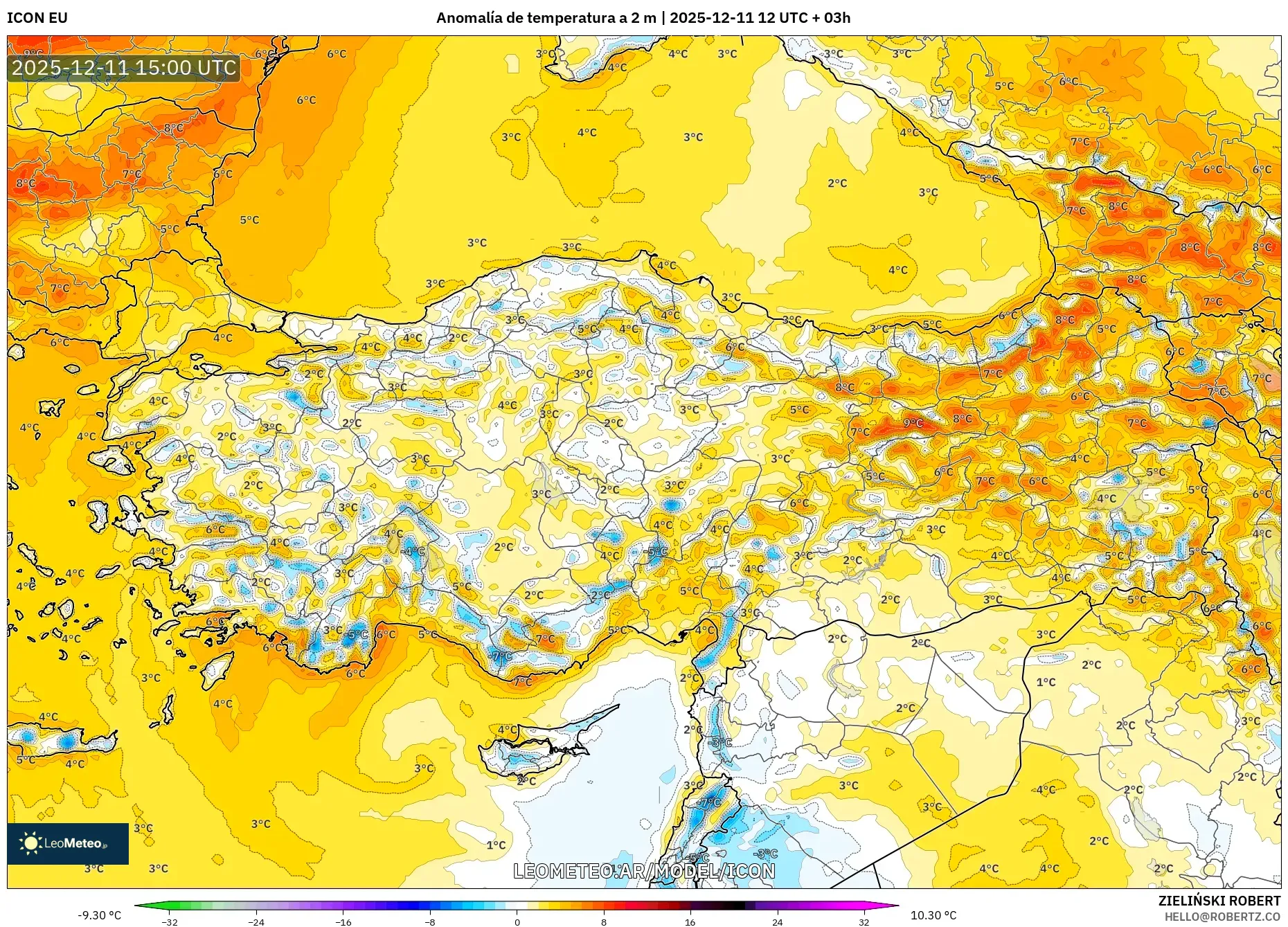 ICON model - Turquía, Anomalía de temperatura a 2 m