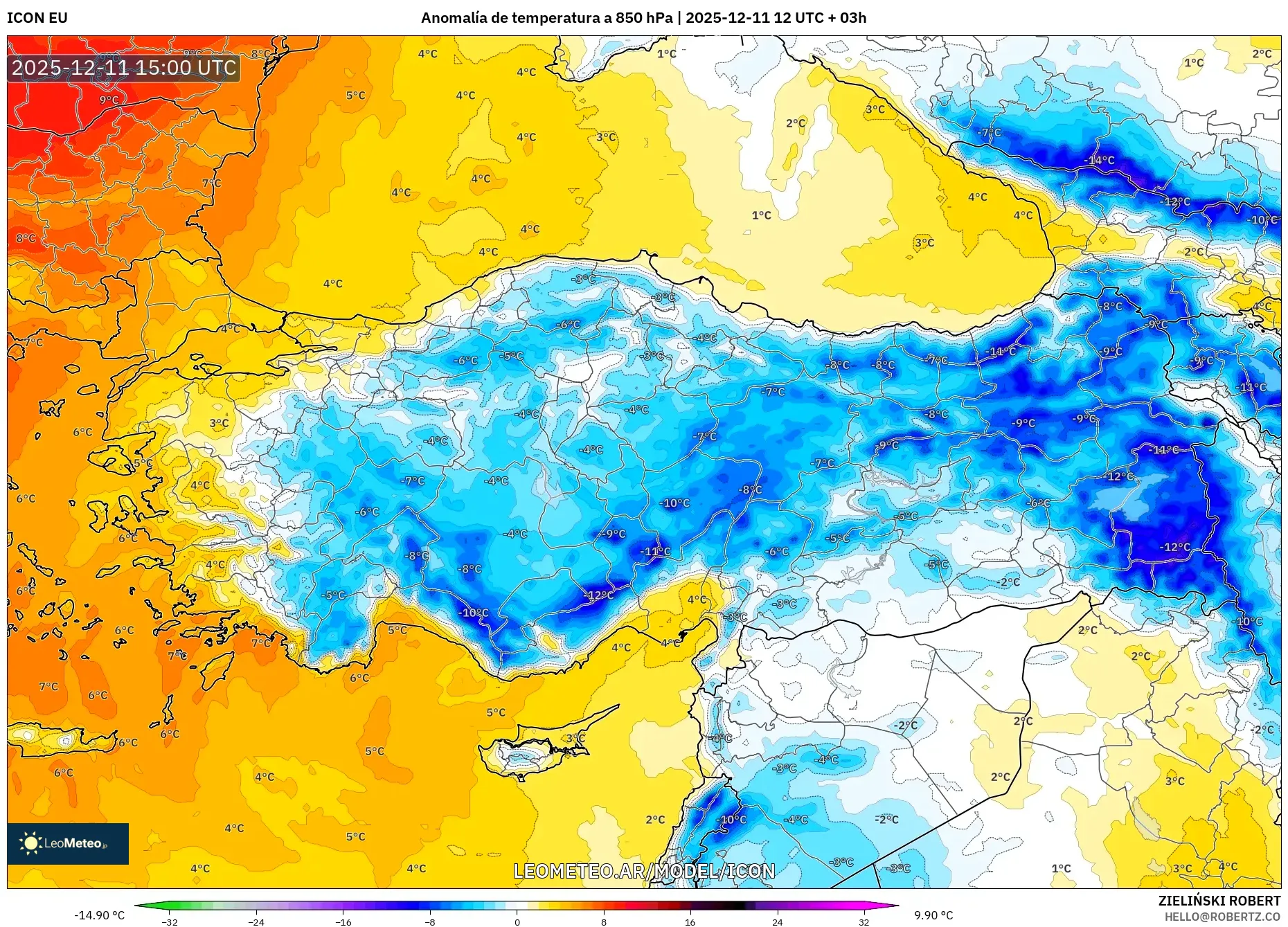 ICON model - Turquía, Anomalía de temperatura a 850 hPa