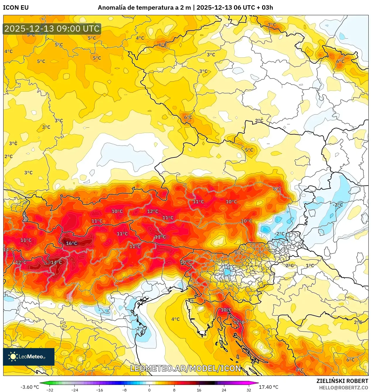 ICON model - Austria, Anomalía de temperatura a 2 m