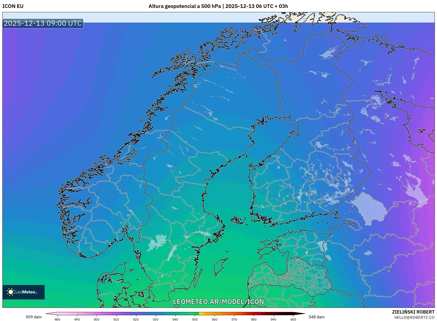 ICON model - Escandinavia, Altura geopotencial a 500 hPa