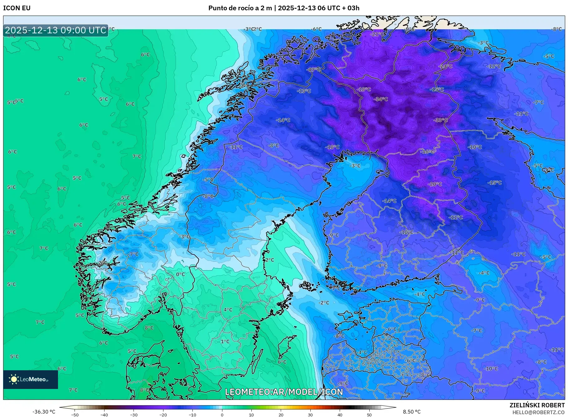 ICON model - Escandinavia, Punto de rocío a 2 m