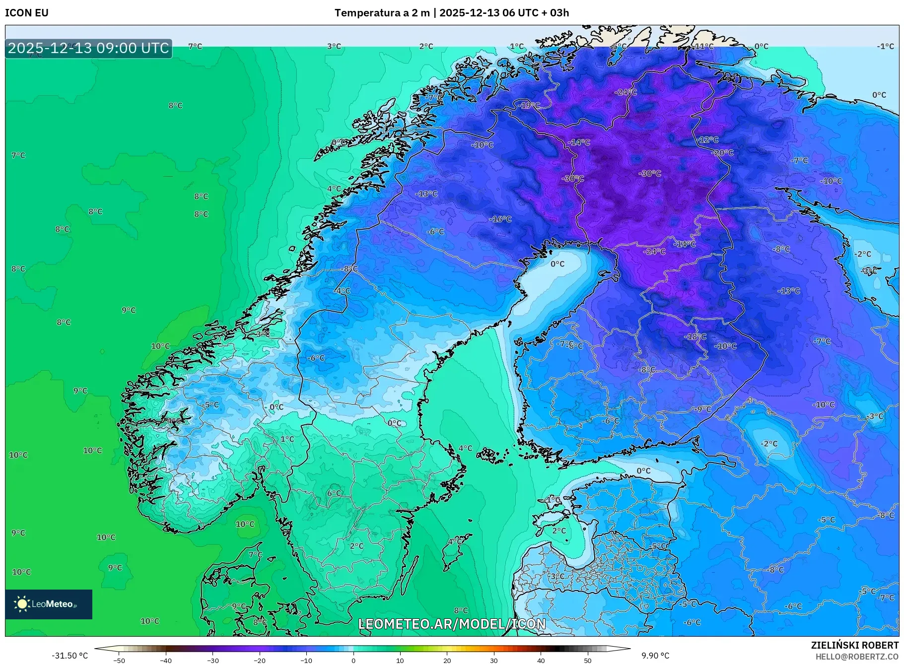ICON model - Escandinavia, Temperatura a 2 m