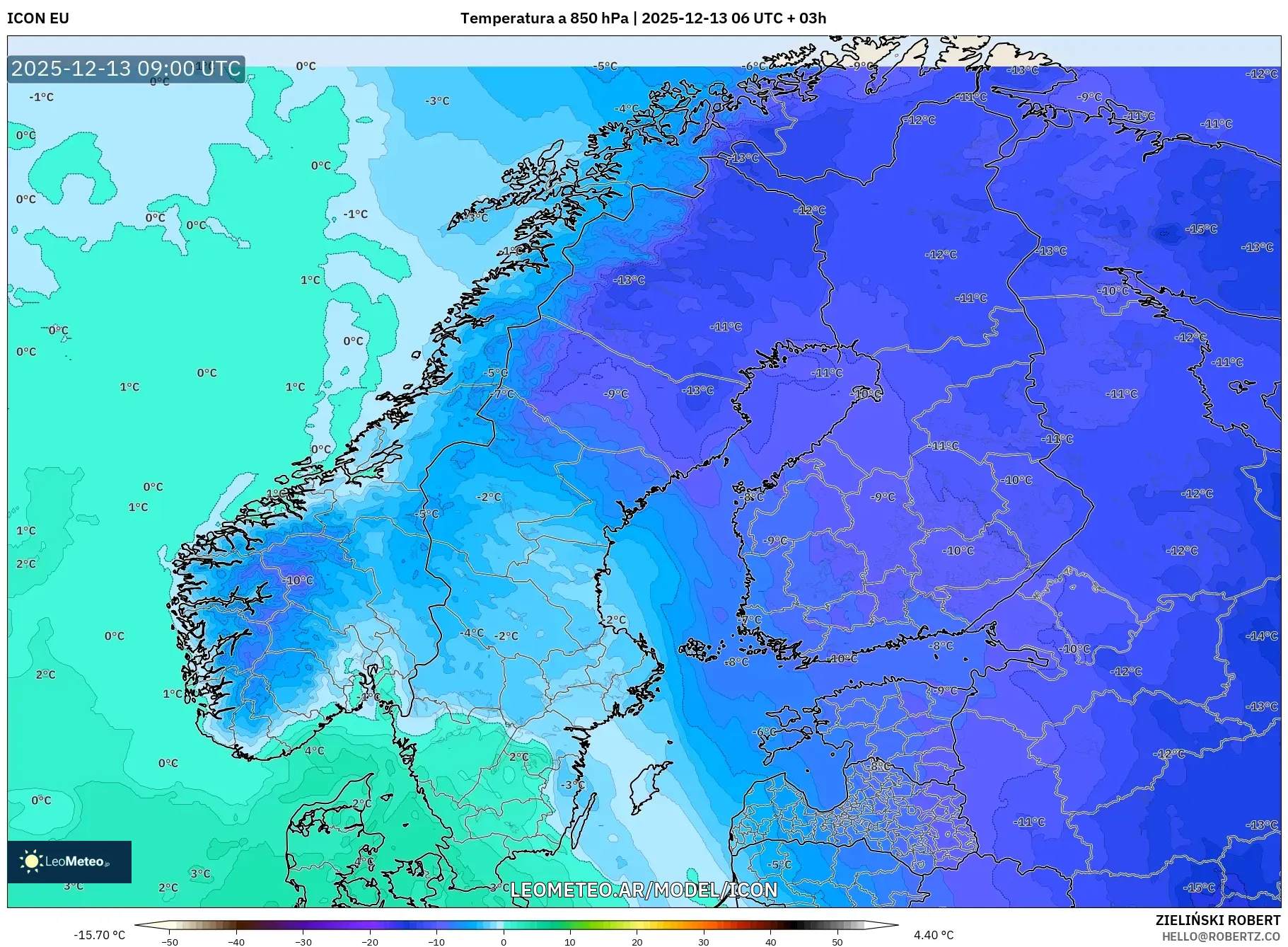 ICON model - Escandinavia, Temperatura a 850 hPa
