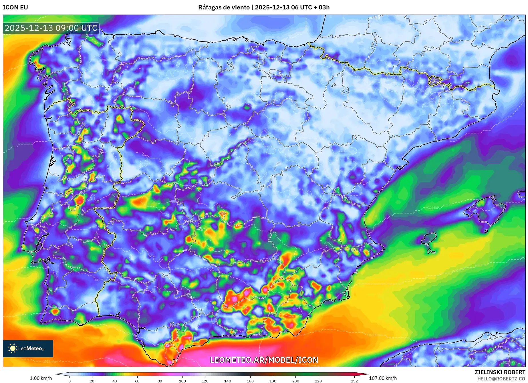 ICON model - España, Ráfagas de viento
