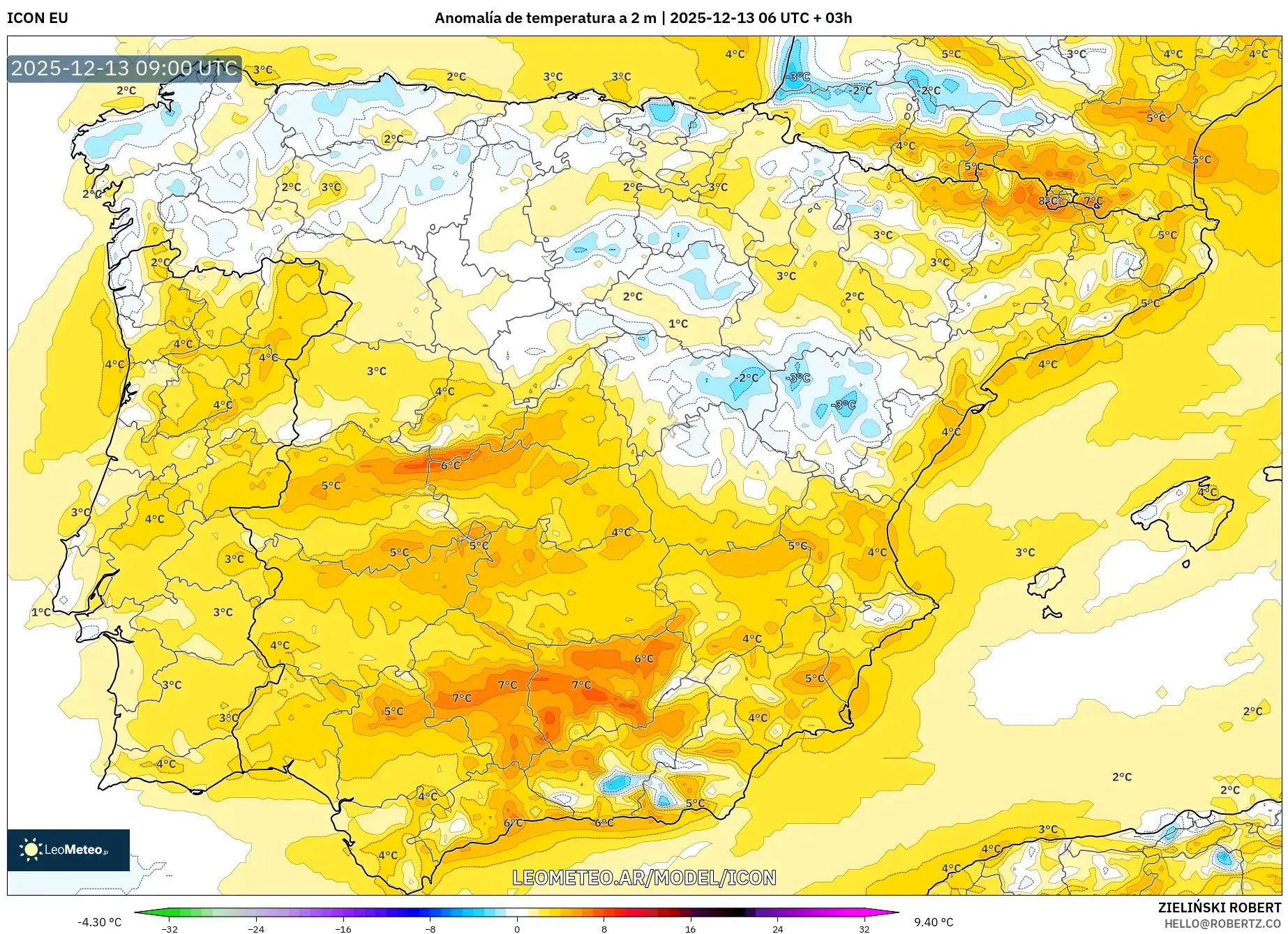 ICON model - España, Anomalía de temperatura a 2 m
