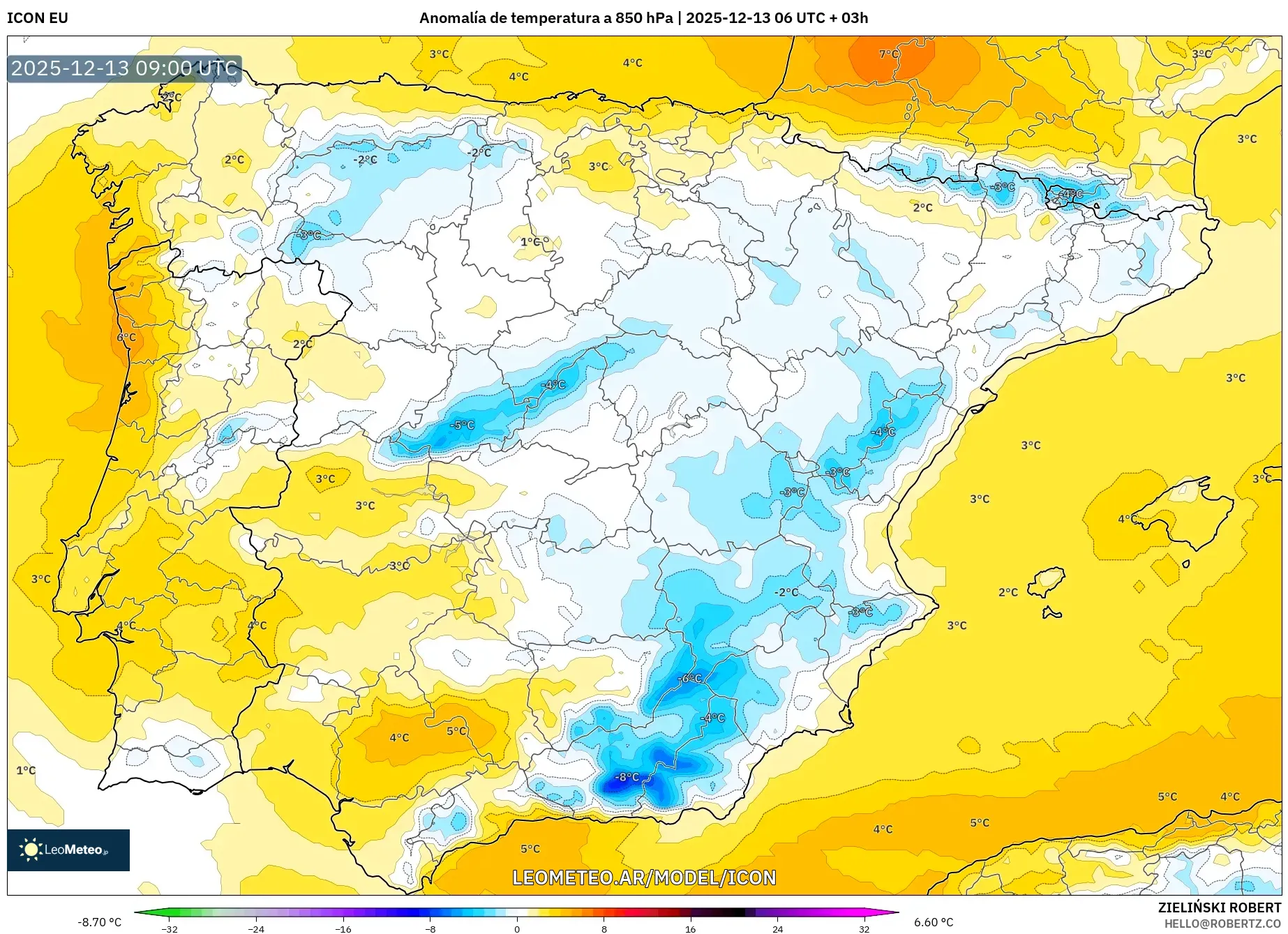 ICON model - España, Anomalía de temperatura a 850 hPa