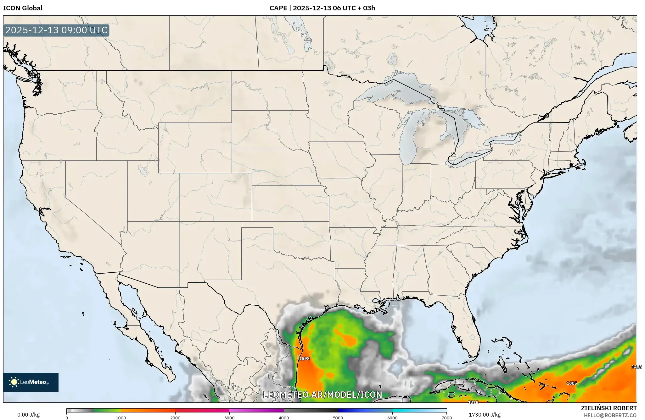 ICON model - Estados Unidos, CAPE
