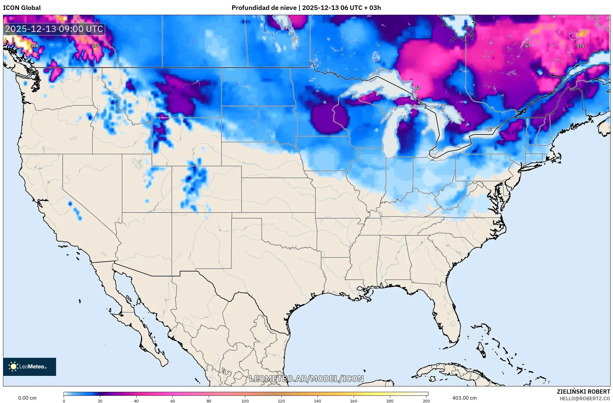 ICON model - Estados Unidos, Profundidad de nieve