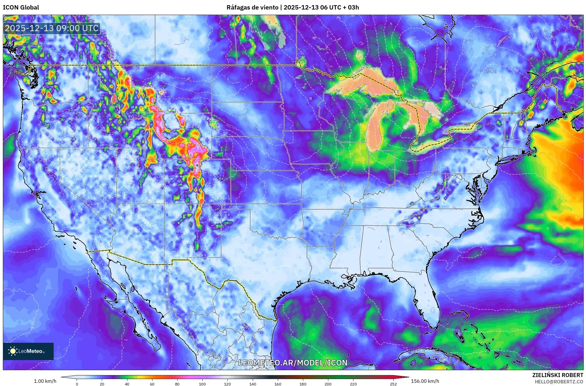 ICON model - Estados Unidos, Ráfagas de viento