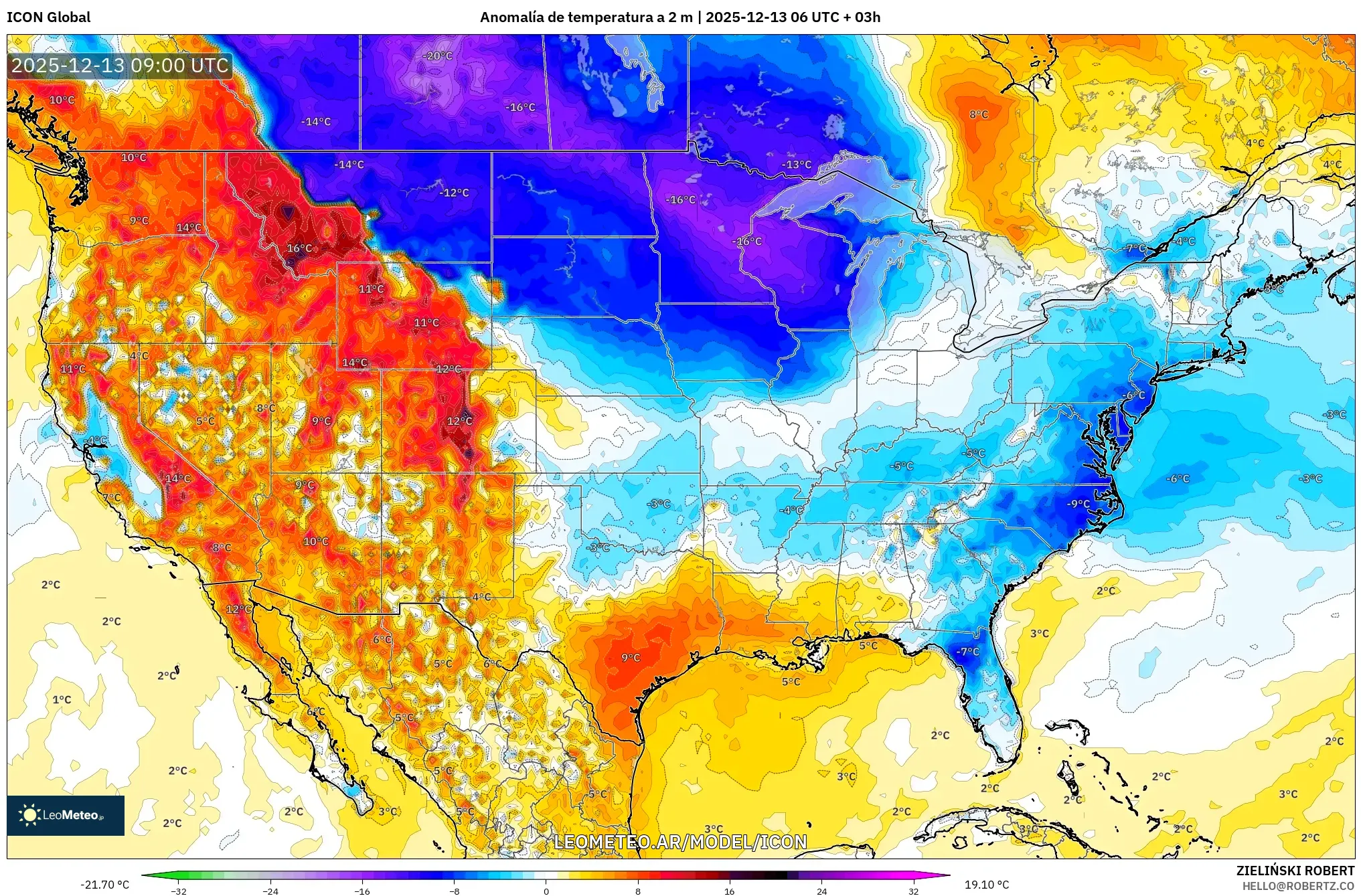 ICON model - Estados Unidos, Anomalía de temperatura a 2 m