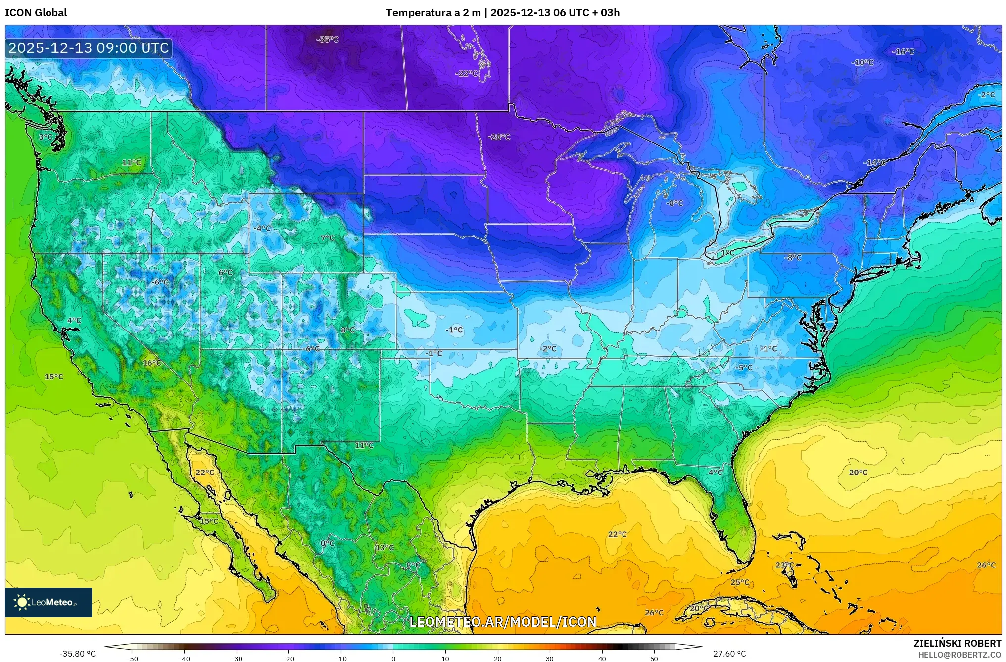 ICON model - Estados Unidos, Temperatura a 2 m