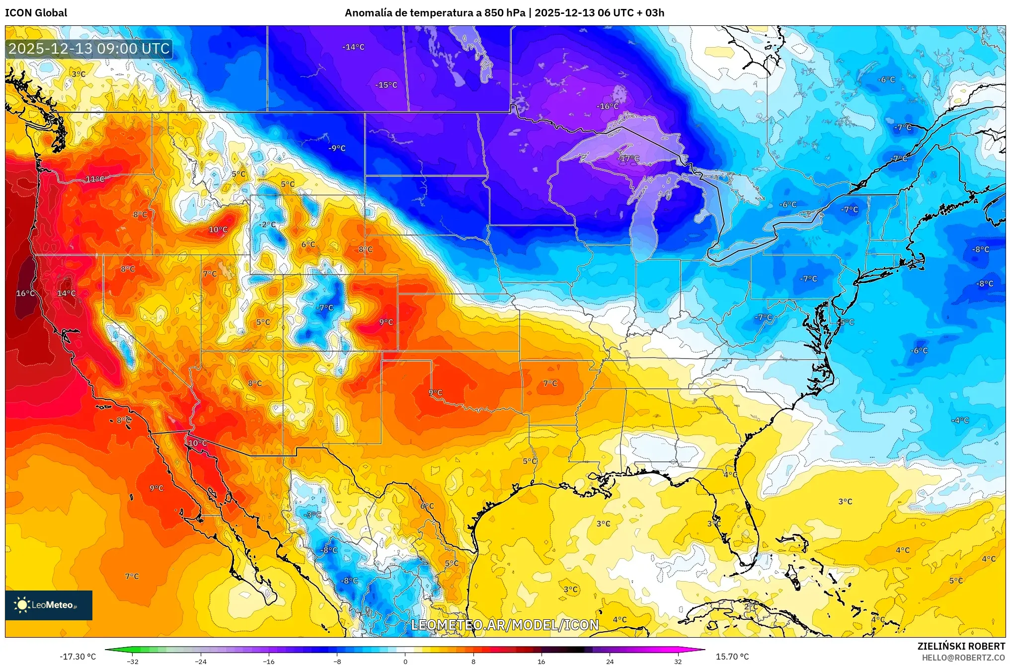 ICON model - Estados Unidos, Anomalía de temperatura a 850 hPa