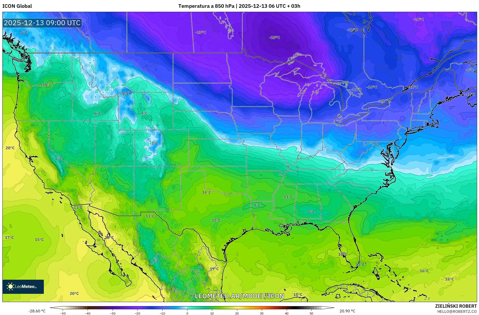 ICON model - Estados Unidos, Temperatura a 850 hPa