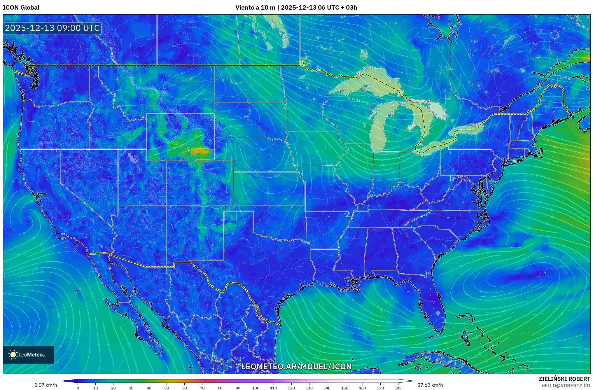 ICON model - Estados Unidos, Viento a 10 m