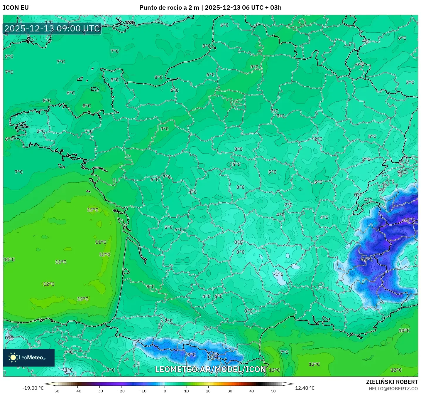 ICON model - Francia, Punto de rocío a 2 m