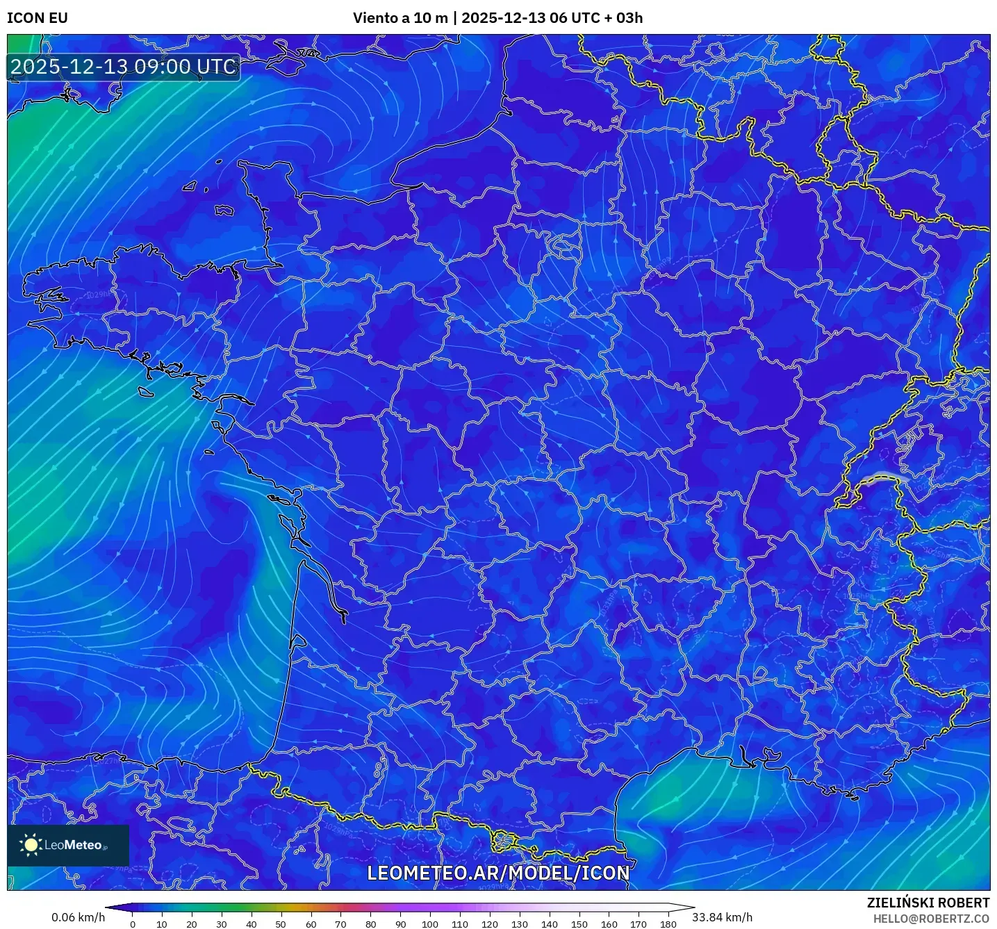 ICON model - Francia, Viento a 10 m