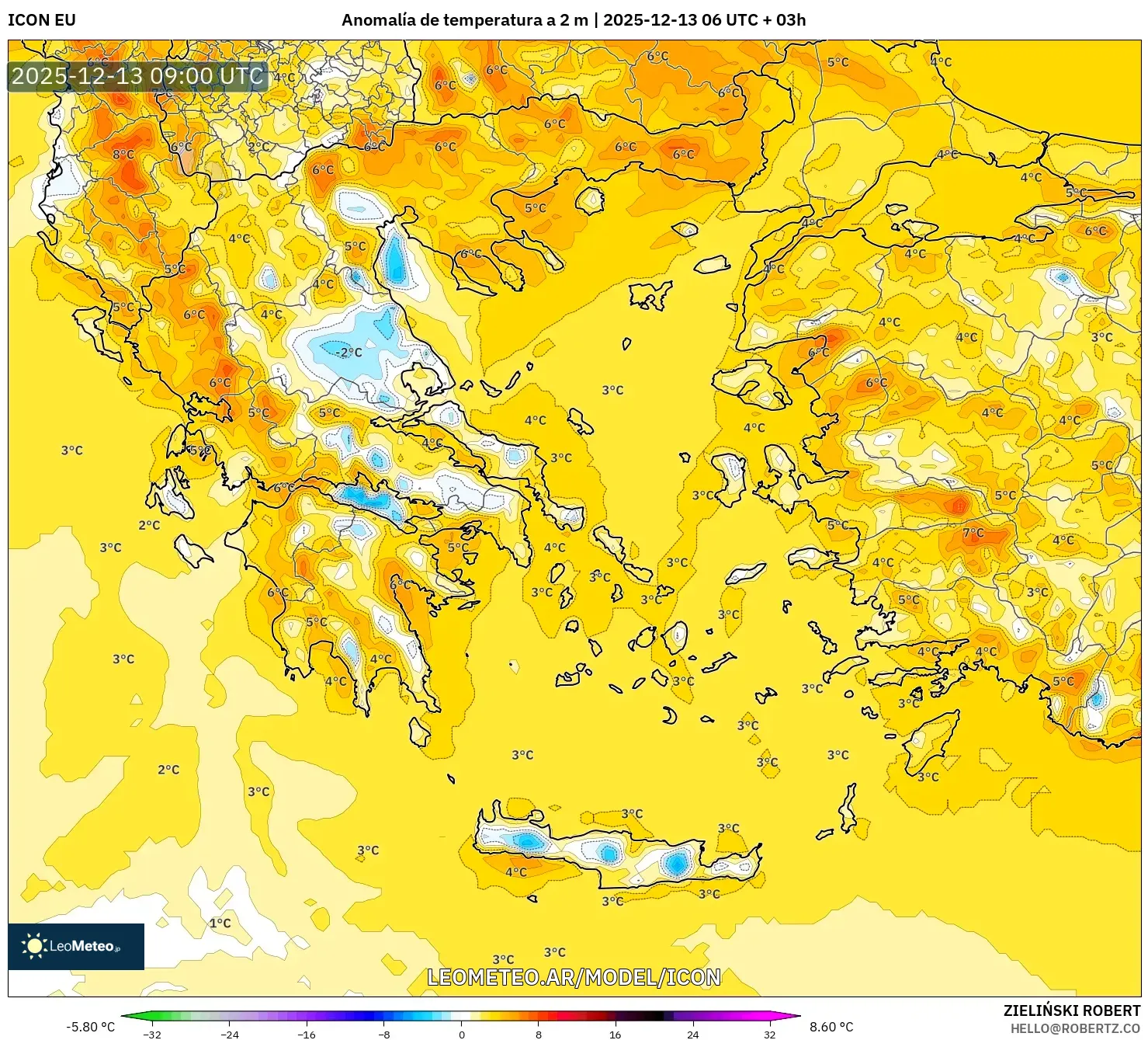 ICON model - Grecia, Anomalía de temperatura a 2 m