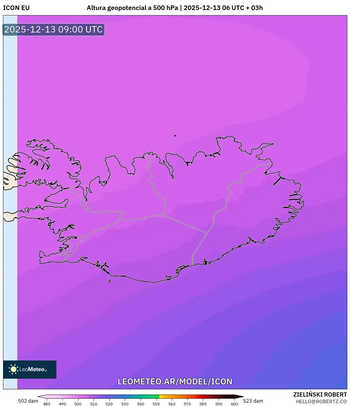 ICON model - Islandia, Altura geopotencial a 500 hPa