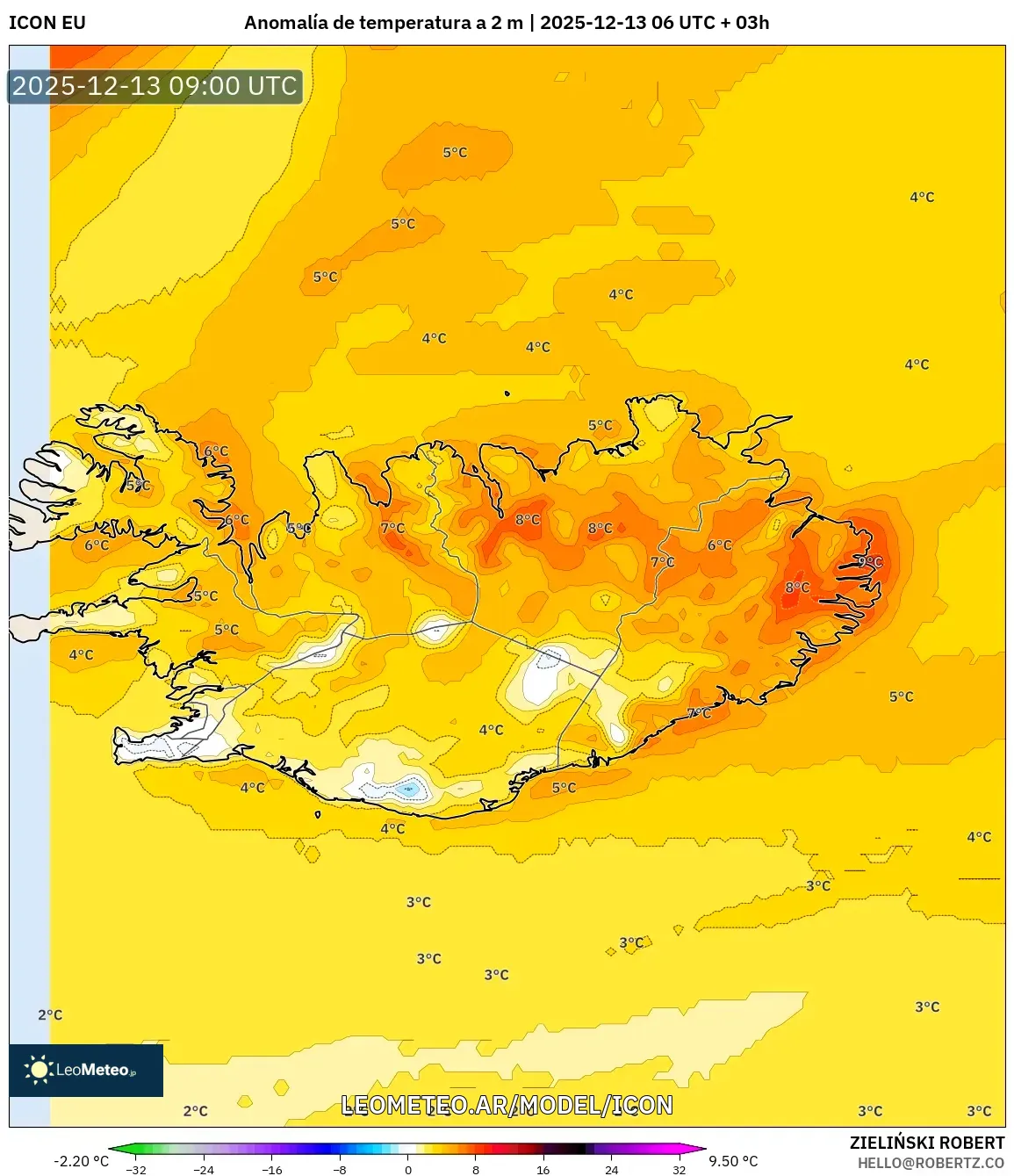 ICON model - Islandia, Anomalía de temperatura a 2 m