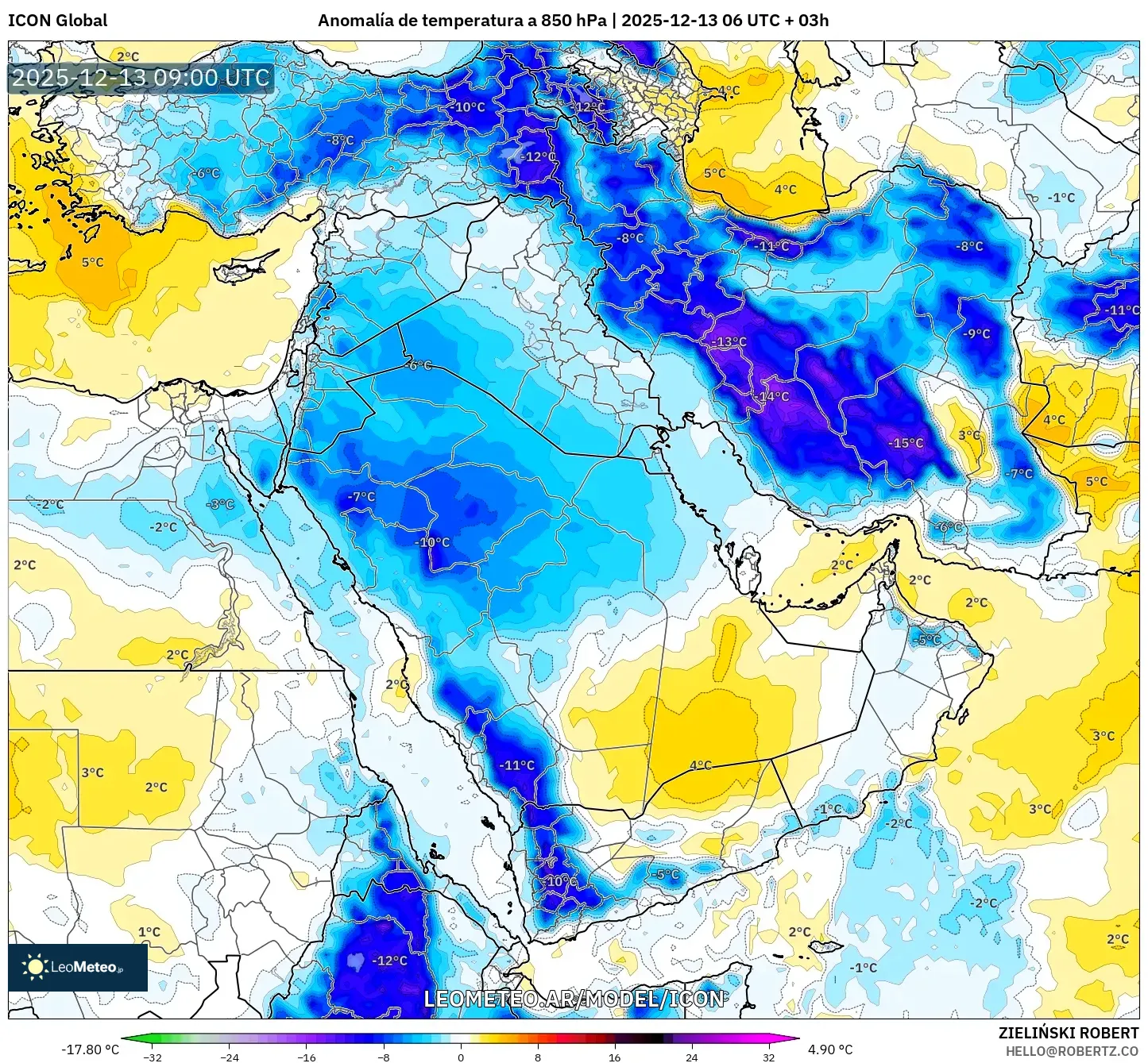 ICON model - Oriente Medio, Anomalía de temperatura a 850 hPa