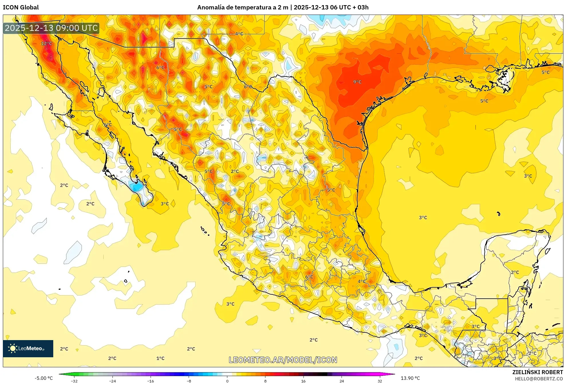 ICON model - México, Anomalía de temperatura a 2 m