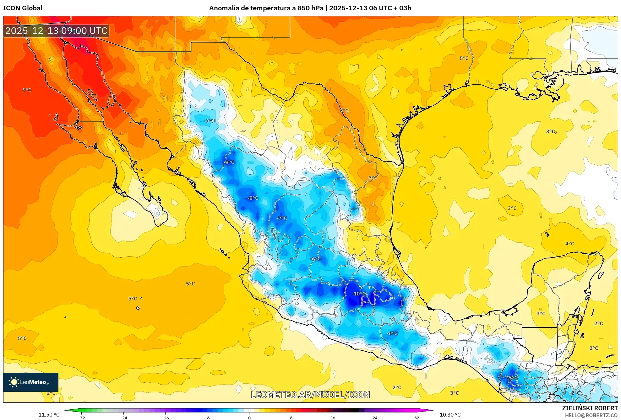 ICON model - México, Anomalía de temperatura a 850 hPa