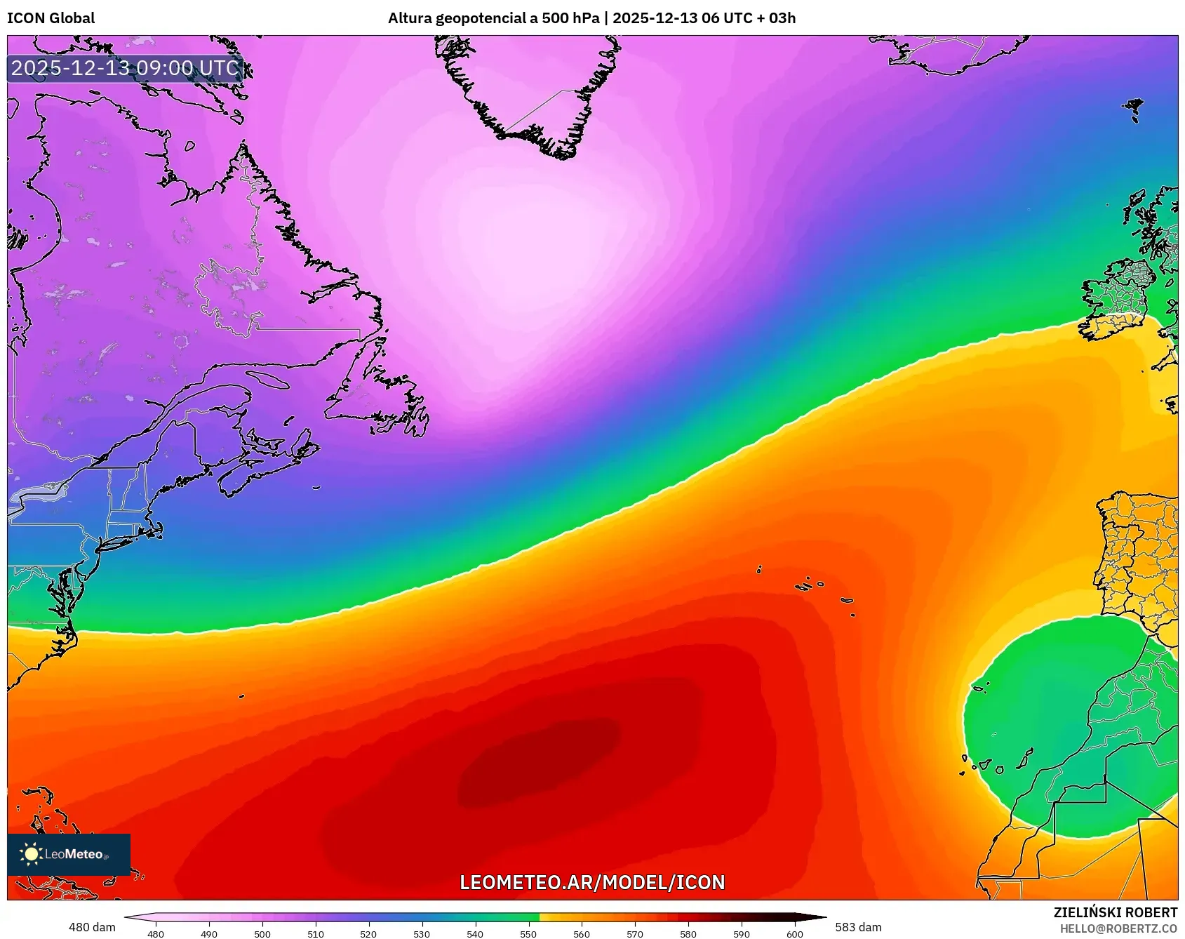 ICON model - Norte Atlántico, Altura geopotencial a 500 hPa
